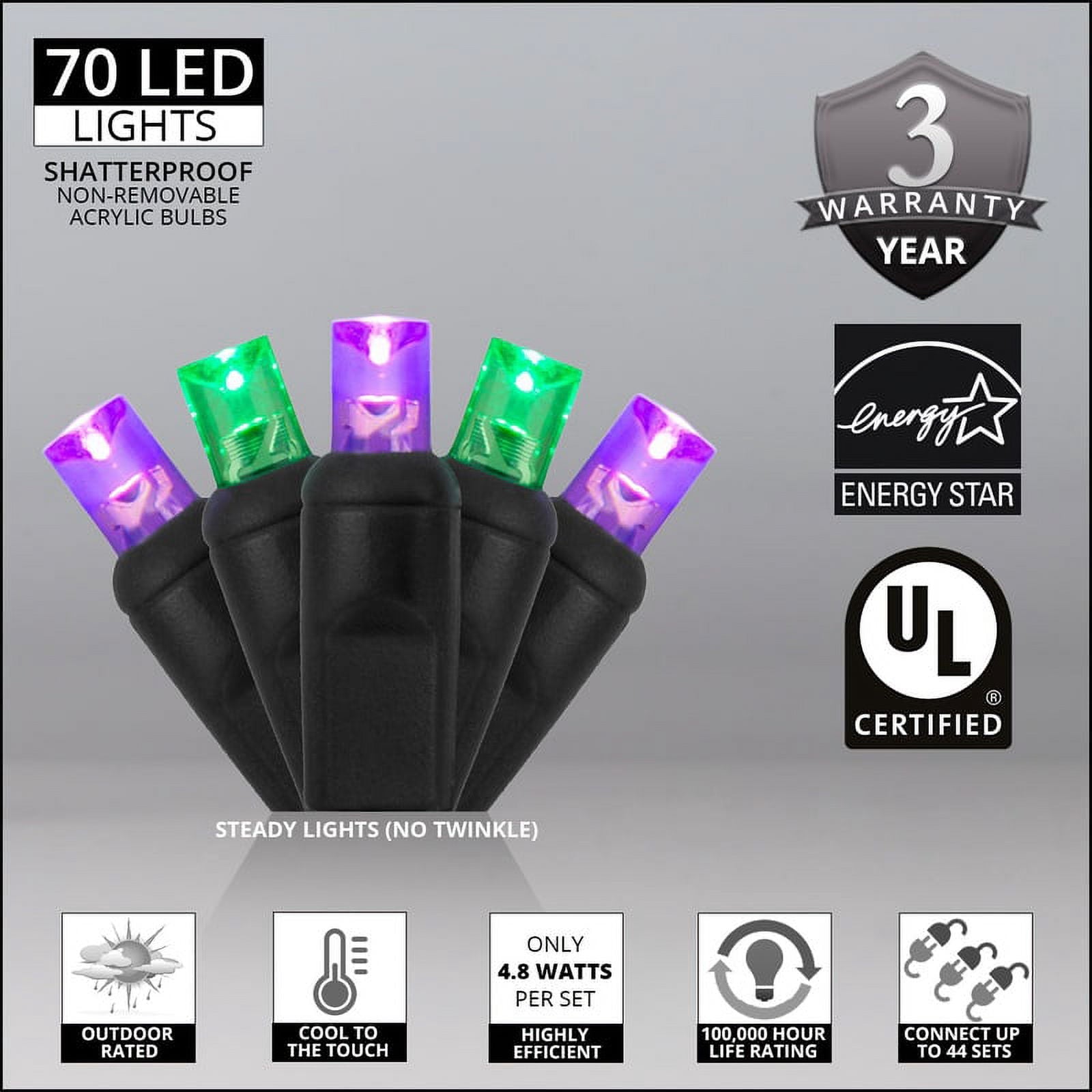 70 LED Purple and Orange String Lights for Halloween Displays Party Decoration, 24', Indoor Outdoor Black Wire