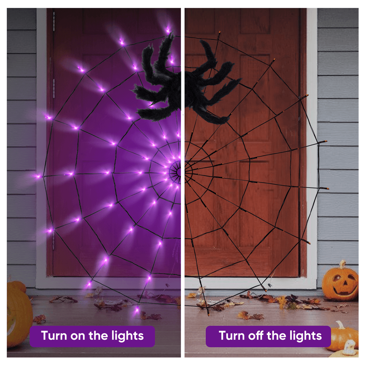 Halloween Decorations Spider Web Lights,4FT Diameter 70 LED with Black Spider, Waterproof Net Lights, Remote Control, 8 Modes Cobweb Halloween Decorations for House Garden Indoor Outdoor (Purple)