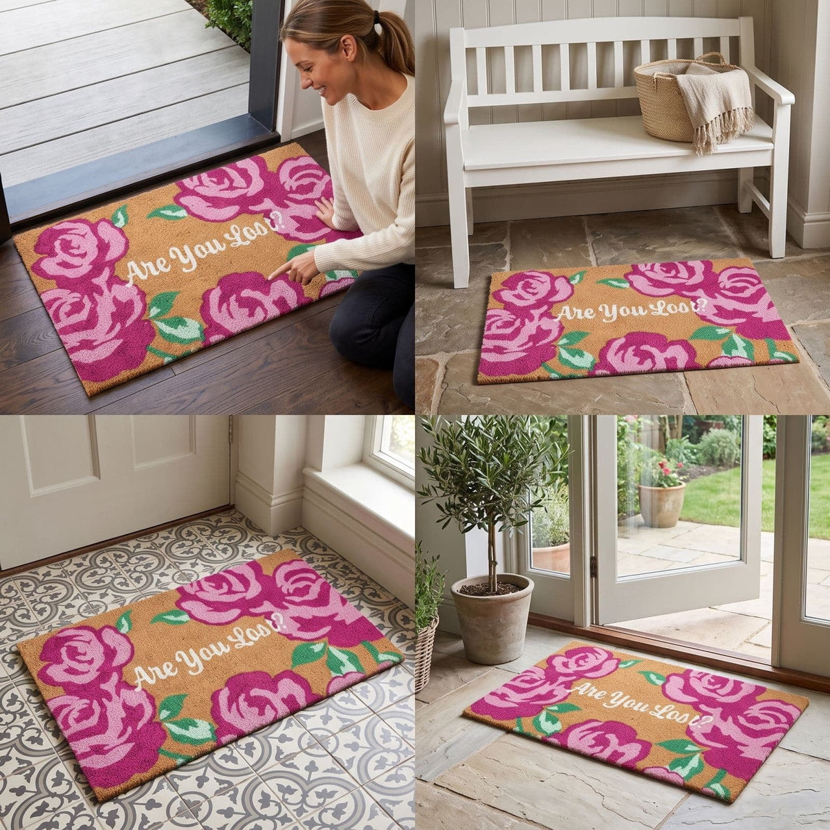 Lypsnake Natural Coco Coir Doormat - "Love Grows Here" Printed with Delicate Floral Pattern, Non-slip Absorbent Entry Mat for Home Entrance Porch Patio and Outdoor Decoration