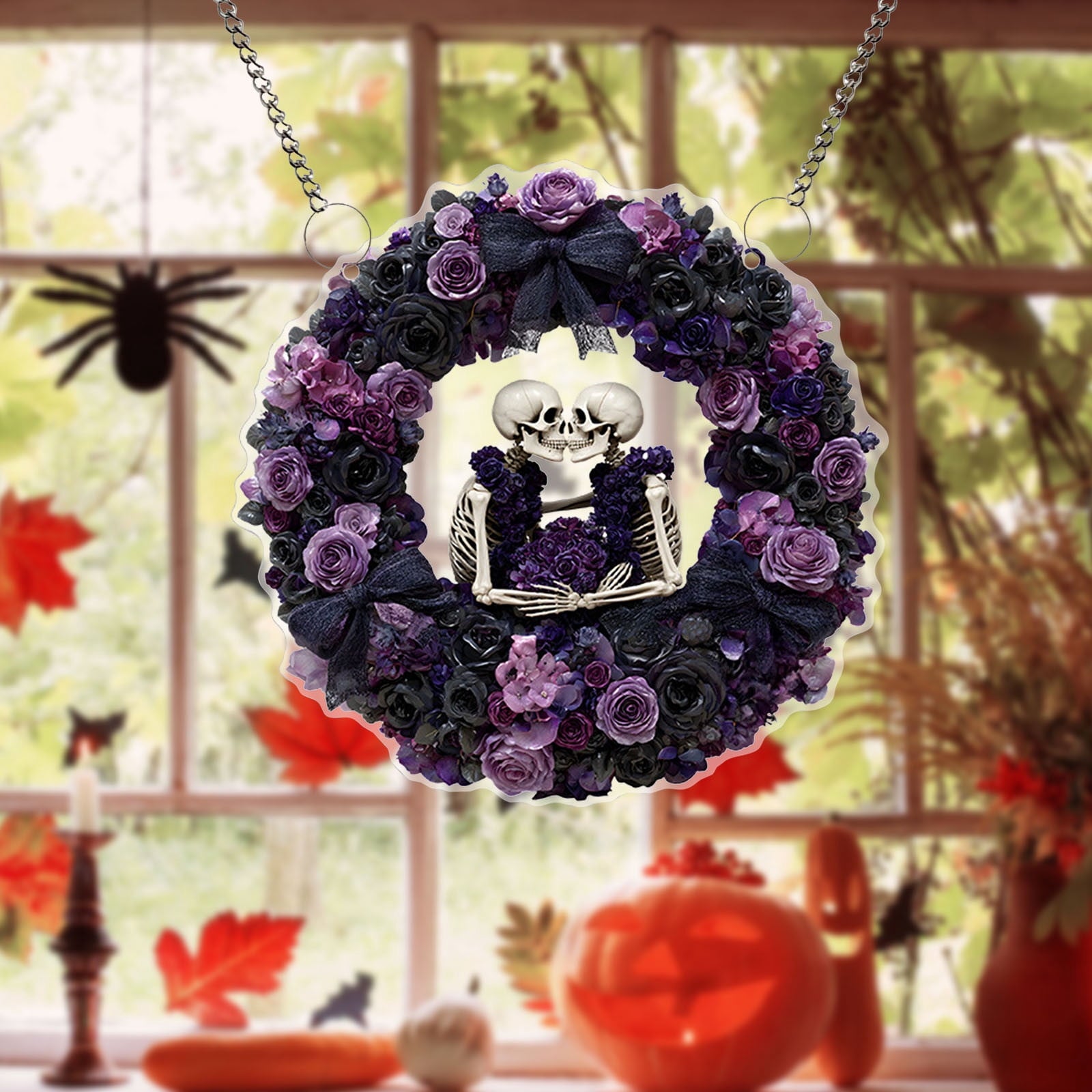 Btomtd Diameter 8" Pumpkin Skull Wreath Halloween Decor Acrylic Round Disk Hanging Ornament with Garland for Front Door Window, B
