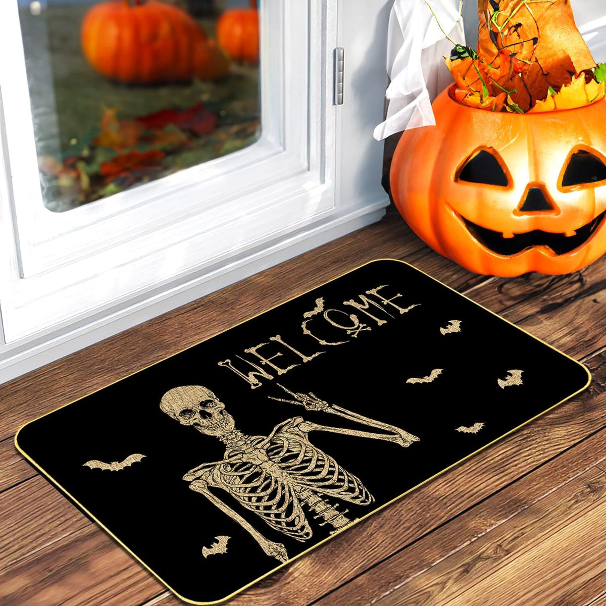 ASKETAM Halloween Doormat Indoor/Outdoor Non-Slip Carpet 19.5" x 31.3" (Happy Skeleton Bat)