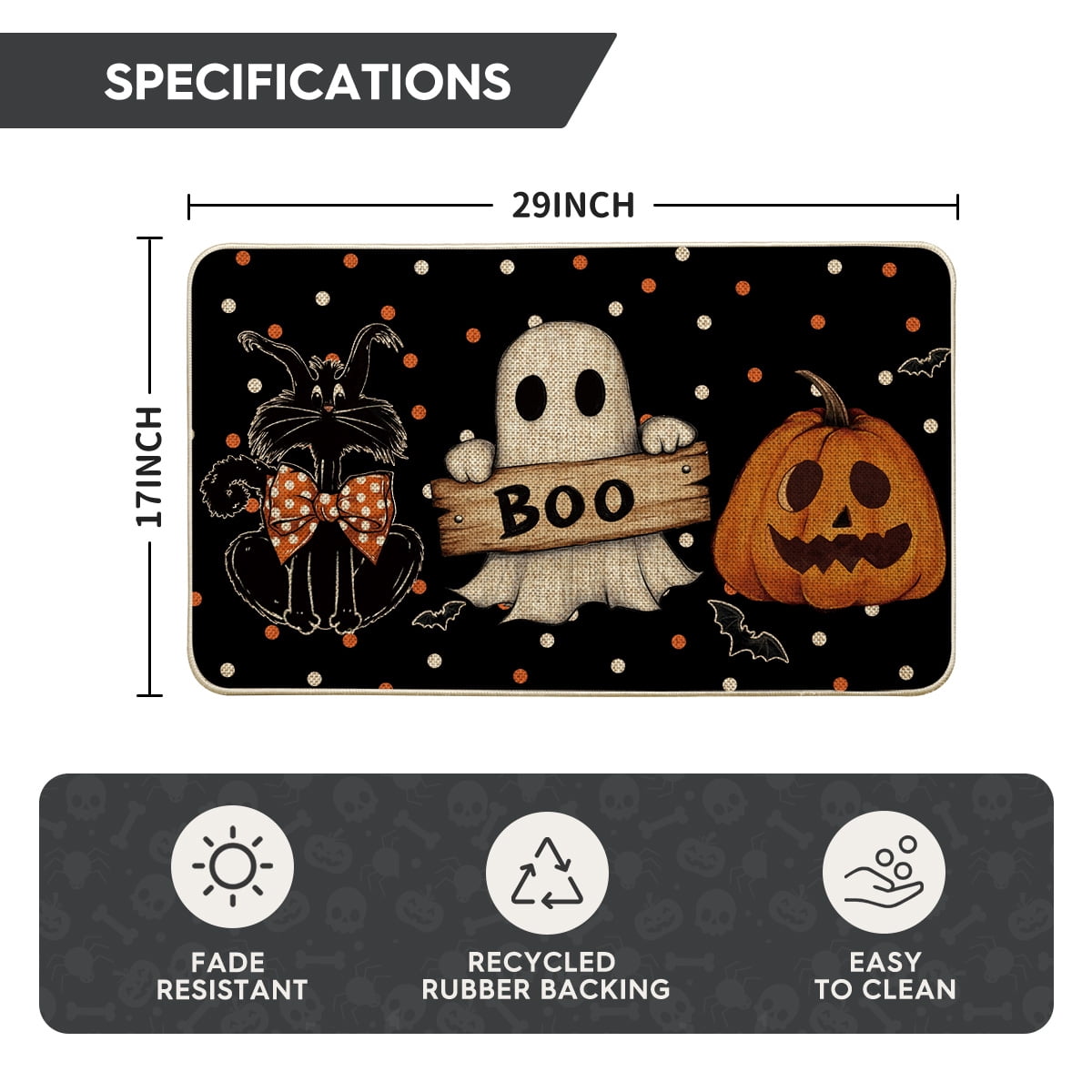 Sm:)e Polka Dot Black Cat, Jack-O'-Lantern, Ghost Halloween Welcome Doormat, 17x29 Inch