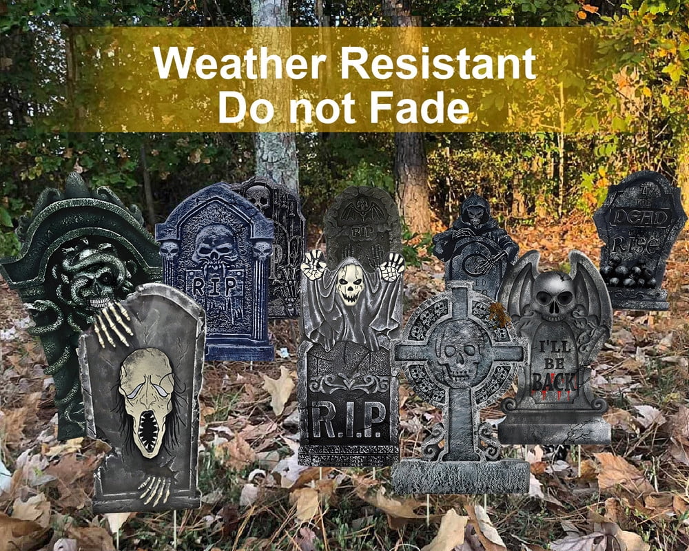 DUNCHATY 10-Pack Halloween Tombstone Decor Set - Graveyard Scene with Plastic Stakes, Weatherproof Haunted House Yard Display for Pathways & Lawns