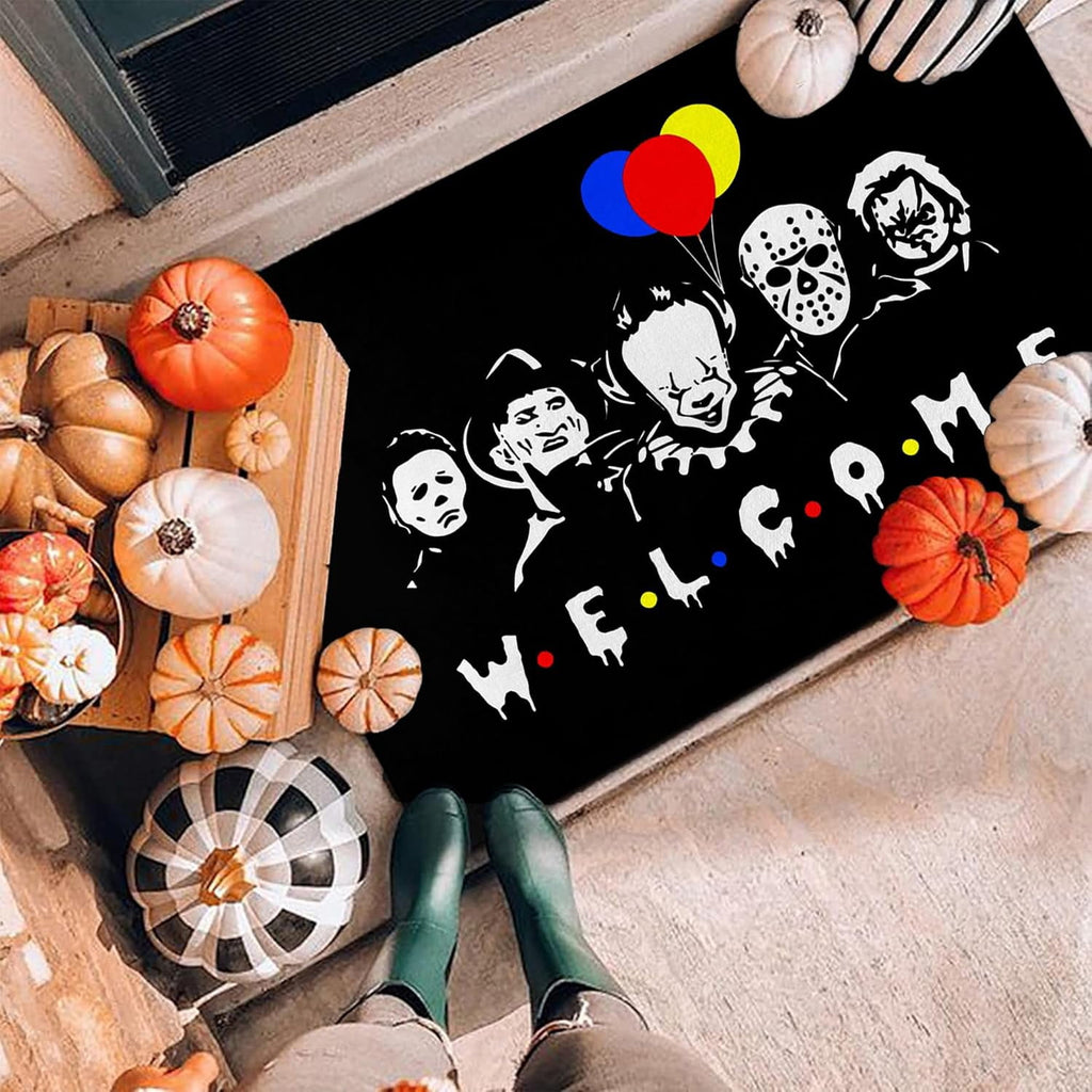 Halloween Door Mat Welcome Mats 17 X 29 Inch Horror Movie Doormat Decorative Entrance Mat Non-Slip Rubber Backed Floor mat, Washable, Seasonal Welcome mat, Indoor/Outdoor entryway Decoration