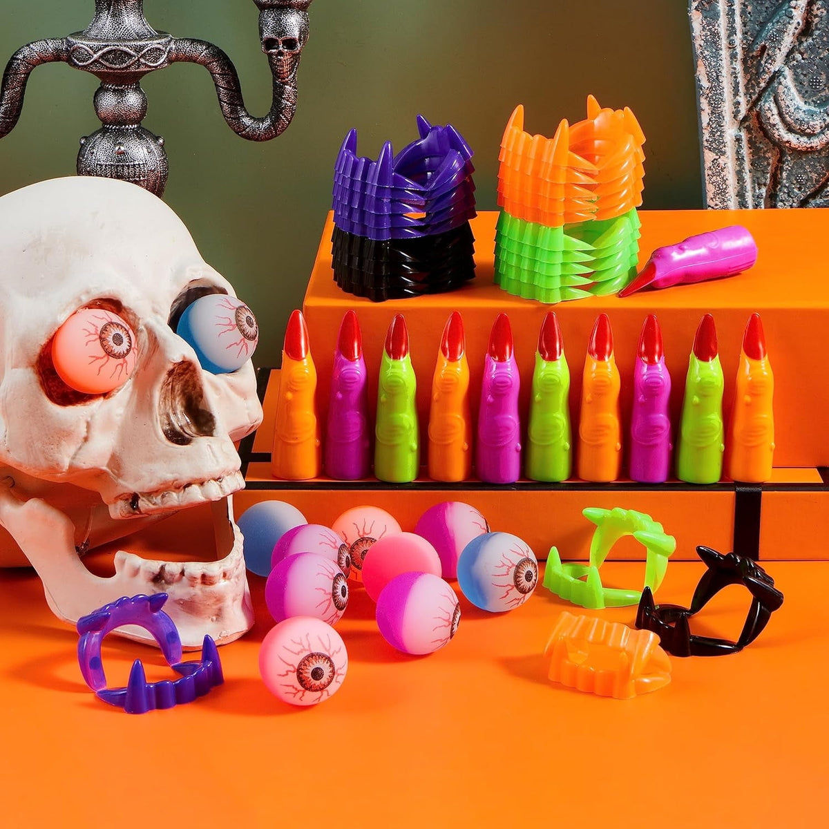 Joyfy 168 Pcs Halloween Stationery Party Favors,Halloween Gifts for Kids,Halloween Goodies Including Halloween Vampire Teeth,Spiders,Stamps,Stickers,Slap Bracelets
