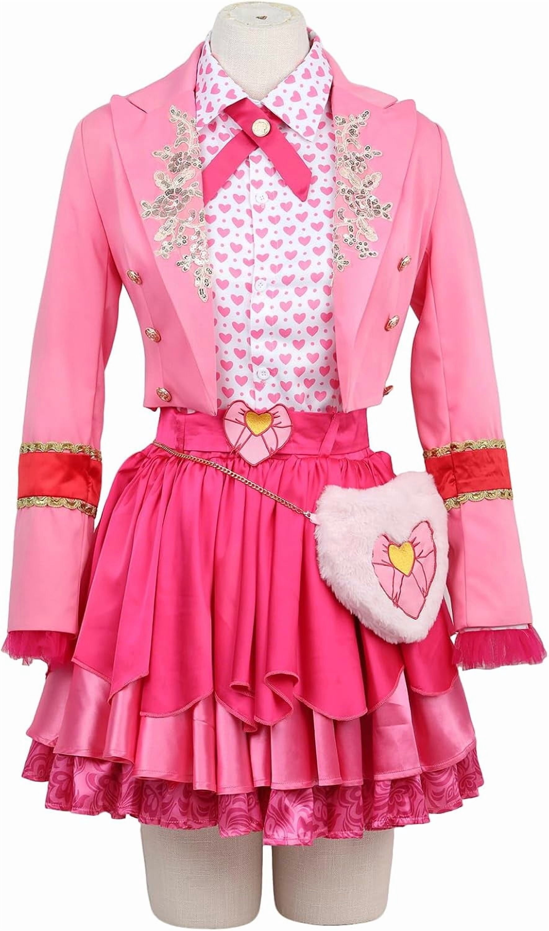 Guvpev G'irls Halloween Princess Costume, Pink Princess Dress Full Set with Heart Print Jacket, Shirt, Layered Skirt & Fuzzy Bag, Halloween Cosplay Outfits for Birthday Party & Fancy Dress Up