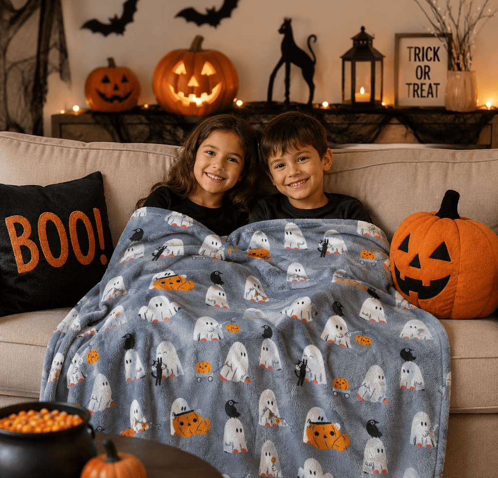 Serafina Home Halloween Throw Blanket: Fuzzy Boo! Jack O'Lantern Spider Webs Skull and Black Cats Print on Velvet Fleece for Sofa Bed Couch Chair Dorm