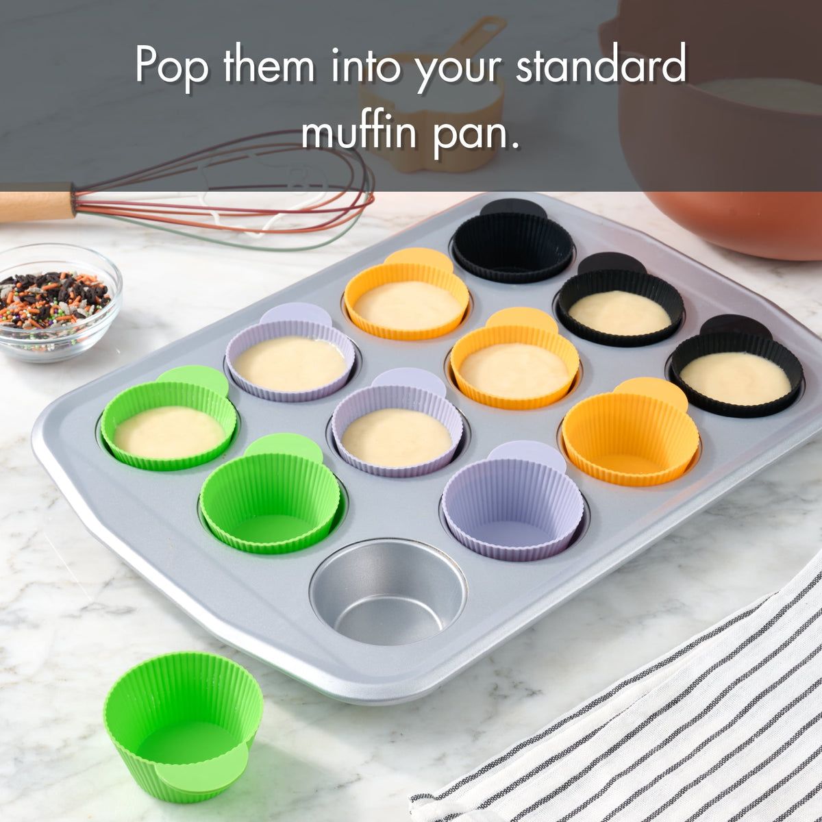 Way To Celebrate 24 Pack Silicone Cupcake Liners, Orange, Green, Purple and Black