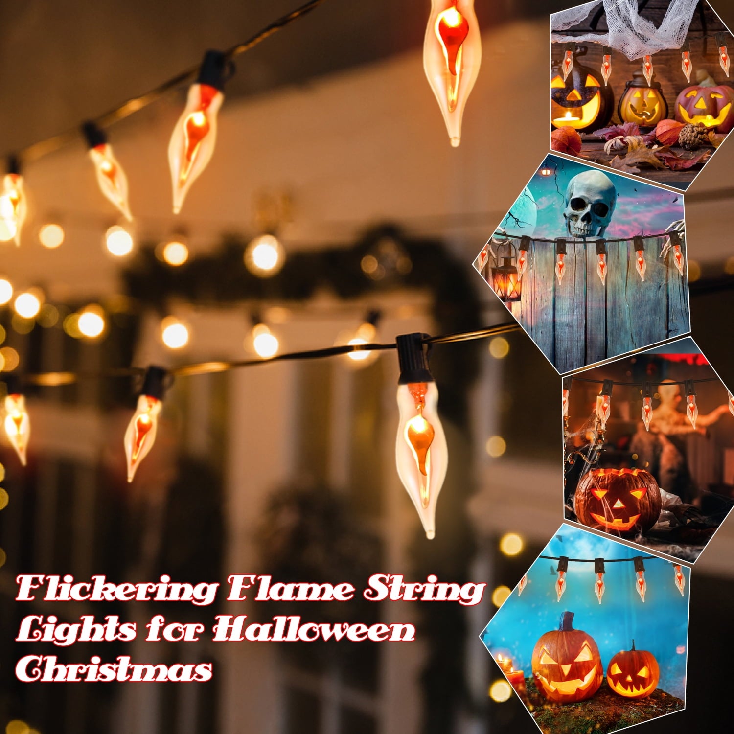 Halloween Lights Flickering Flame String Lights with 12 Pack C7 Orange Flame Light Bulbs (2 Spare), 12.8Ft Orange Flame String Lights for Indoor Outdoor Home Party Yard Halloween Decorations
