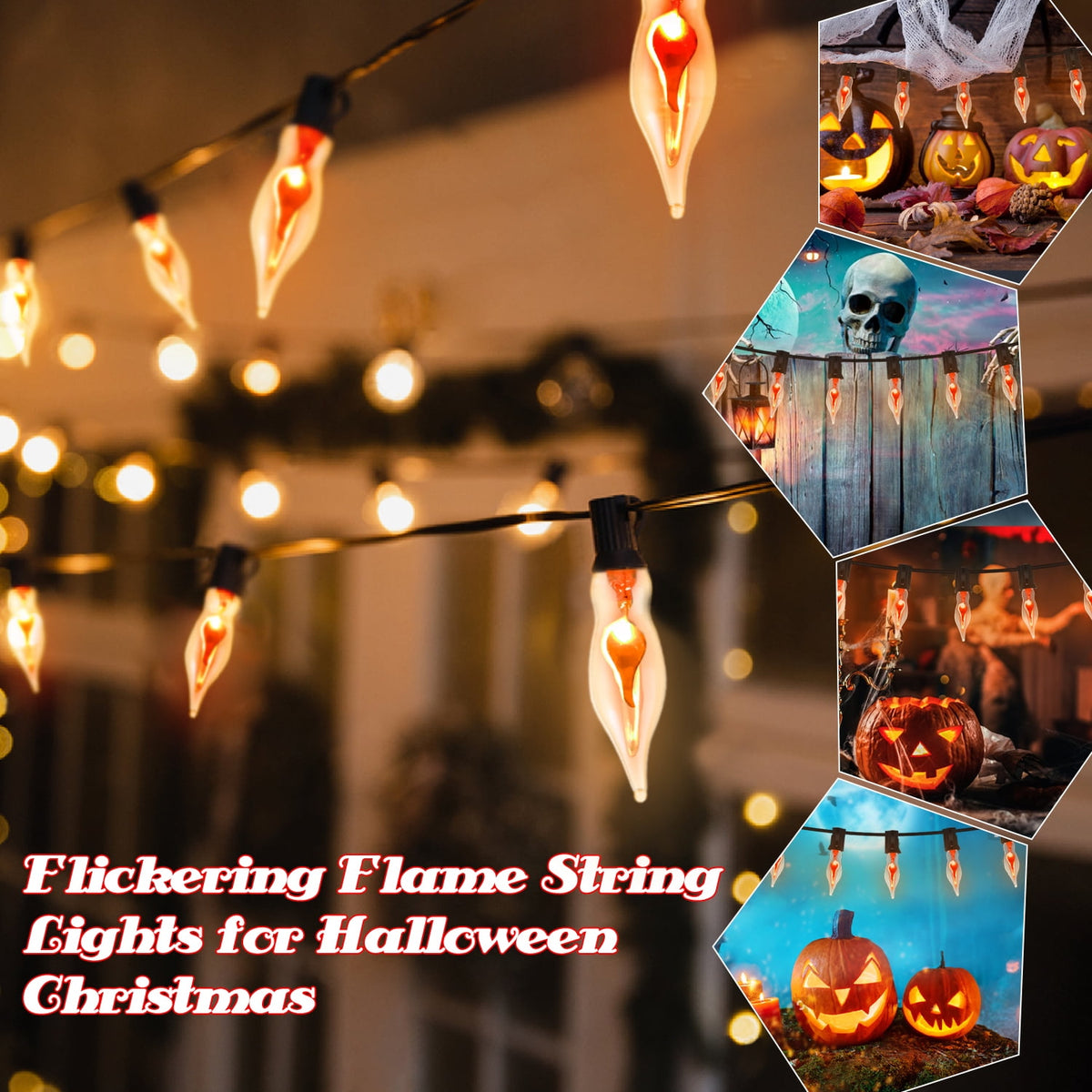12.8Ft Christmas Lights Flickering Flame String Lights with 12 Pack Clear C7 Flame Light Bulbs（2 Spare）, Great for Indoor Outdoor Home Patio Party Christmas Decorations Lights, 1W, E12 Base