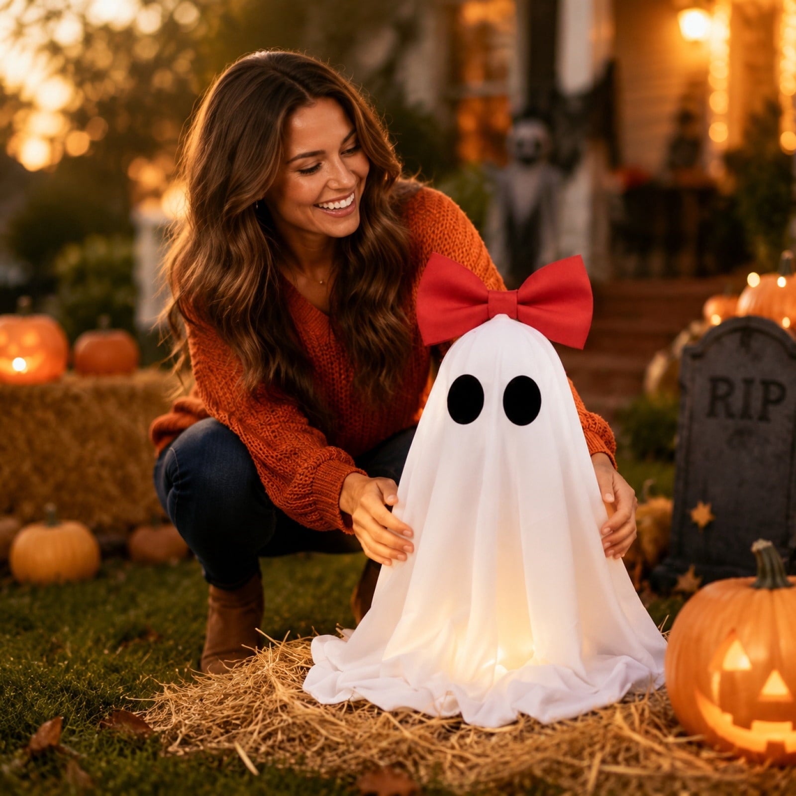 AuroraX Halloween Ghost Decor Outdoor Halloween Decoration Courtyard Tabletop Desktop Haunted Halloween Decoration for Yard Garden Pink