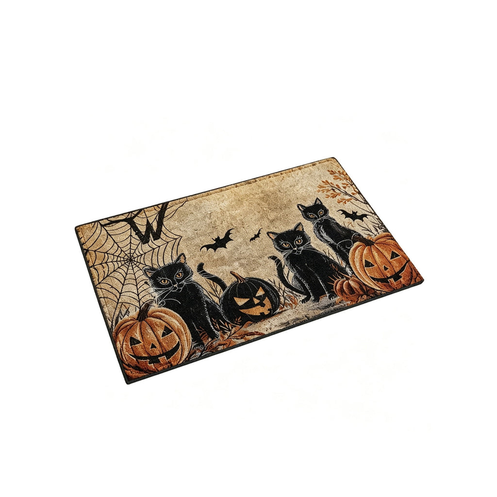 Halloween Black Cat Doormat, 23.6x15.7 Inch Spooky Pumpkin Floor Rug, Non-Slip Seasonal Entryway Mat for Front Door Porch & Indoor Decor
