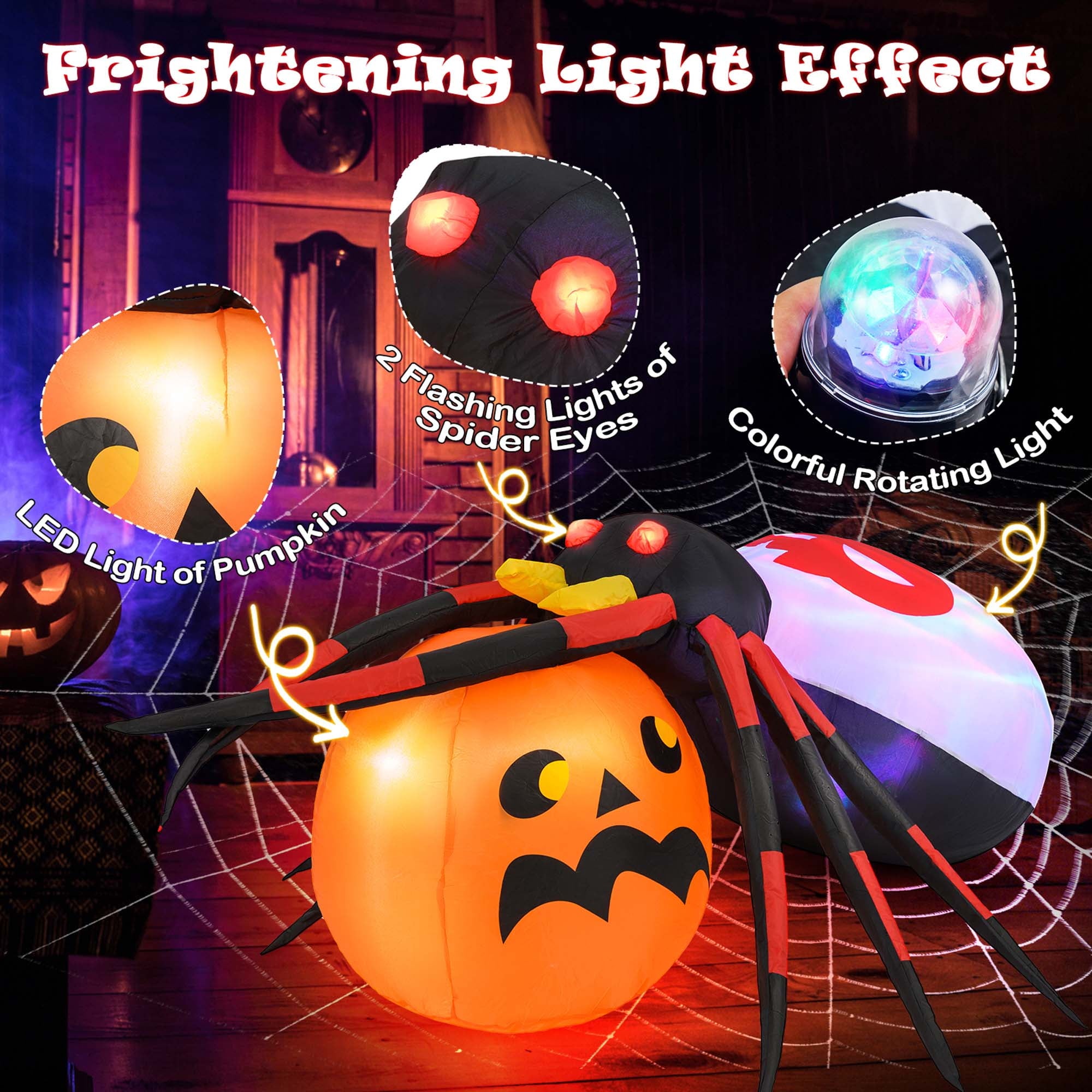 Costway 5 x 4.6 ft Inflatable Spider w/ Pumpkin LED Lighted Halloween Decoration w/ Colorful Rotating Light