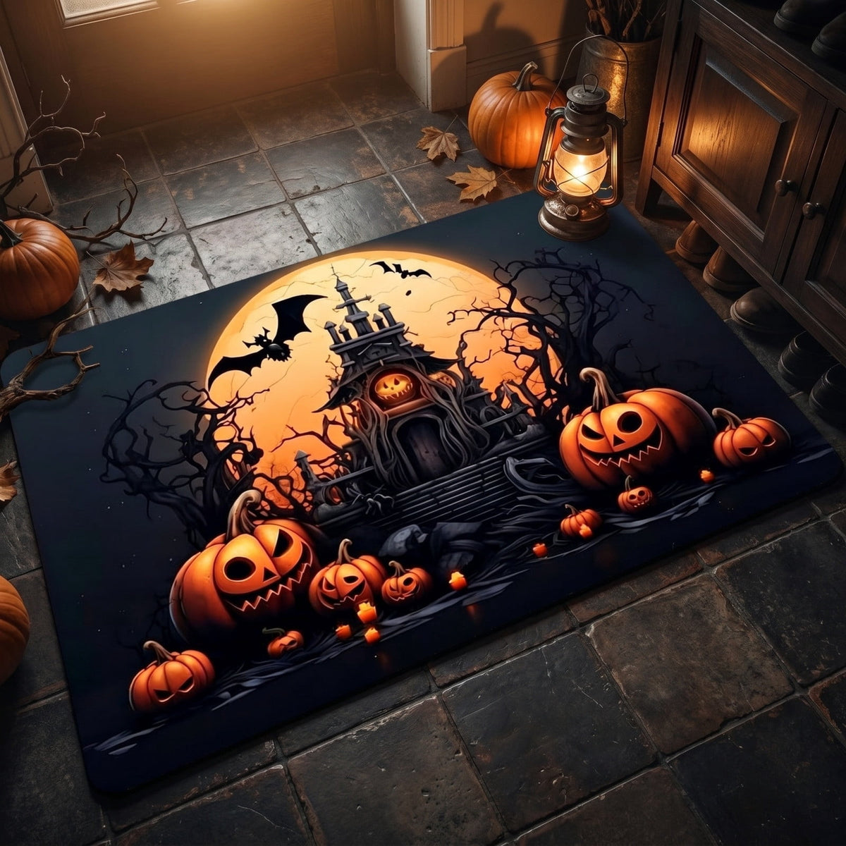 Halloween Themed Doormat Entryway Rug, Spooky Pumpkin Front Door Mat for Trick or Treaters, Non Slip Washable Mat for Indoor and Outdoor, Festive Halloween Floor Decoration for Home