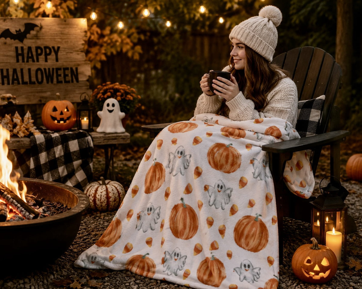 Serafina Home Halloween Throw Blanket: Fuzzy Boo! Jack O'Lantern Spider Webs Skull and Black Cats Print on Velvet Fleece for Sofa Bed Couch Chair Dorm