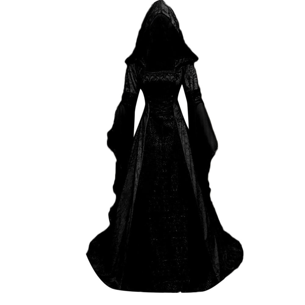 Women Gothic Cold Shoulder Midi Dress, Sheer Flare Bell Sleeve Front Corset Irregular Witch Costume Dress, Adult Halloween Dark Aesthetic Vintage Formal Evening Cosplay Party Outfit(Navy-2/M)