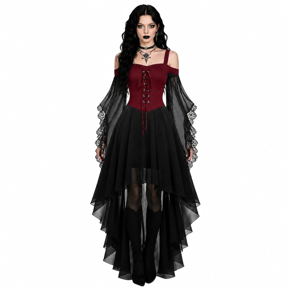 Witch Dress Women 2026 Halloween Costumes Woman Adults Medieval Vampire Butterfly Sleeve Mesh Gothic Outfits Red S