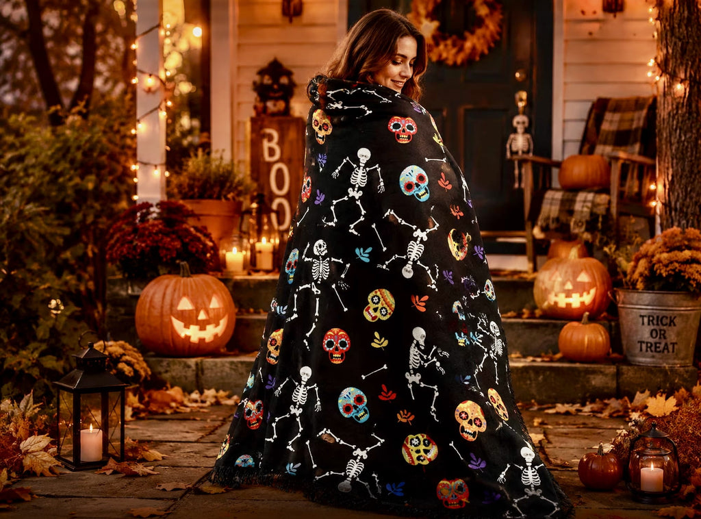 Serafina Home Halloween Throw Blanket: Fuzzy Boo! Jack O'Lantern Spider Webs Skull and Black Cats Print on Velvet Fleece for Sofa Bed Couch Chair Dorm