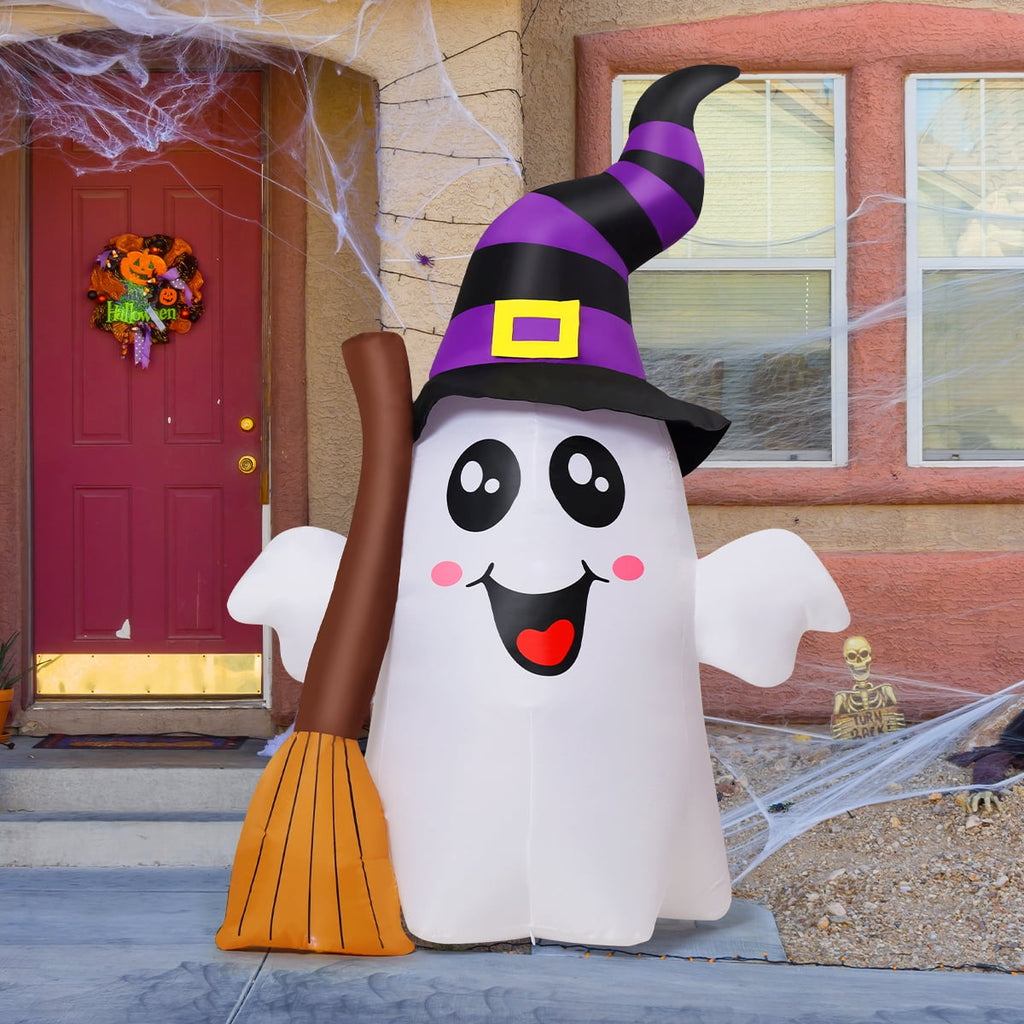 GOOSH Halloween Inflatables 6 FT Halloween Ghost Inflatable Grasping Broom with LED Lights, Blow up Ghost Cute Inflatable Ghost, Outdoor Halloween Decorations for Holiday Party Indoor Outdoor