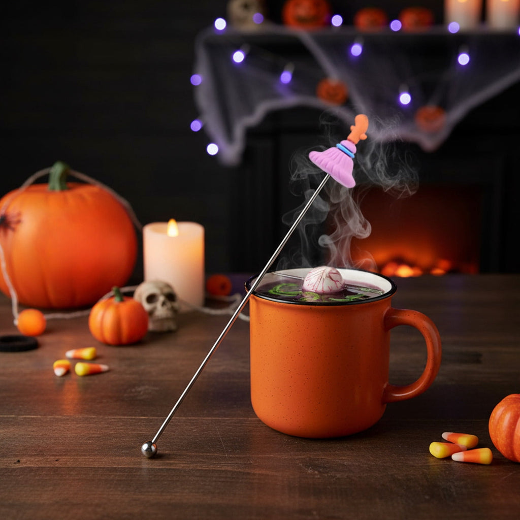 Stainless Steel Mixing Spoon for Cocktails – Halloween Barware, 304 Food - Grade Stirring Rod with Ghost, Witch Hat, Bat & Pumpkin Designs,Orange