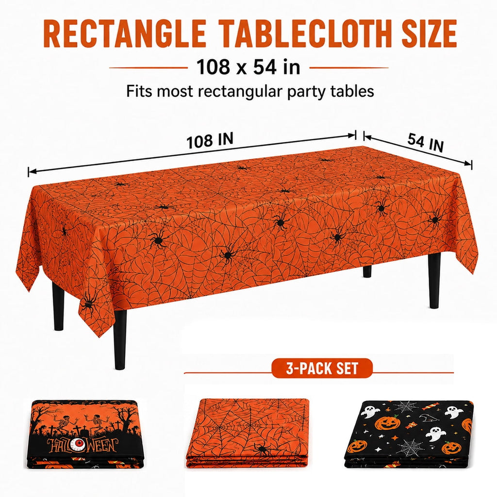 Halloween Tablecloth Decorations Halloween Party Supplies Plastic Disposable Rectangle Tablecovers Skeletons Ghosts Pumpkin Table Décor 3Pcs Design 2