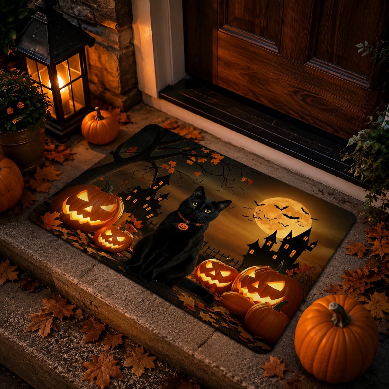 Halloween Black Cat Doormat, 23.6x15.7 Inch Spooky Pumpkin Floor Rug, Non-Slip Seasonal Entryway Mat for Front Door Porch & Indoor Decor