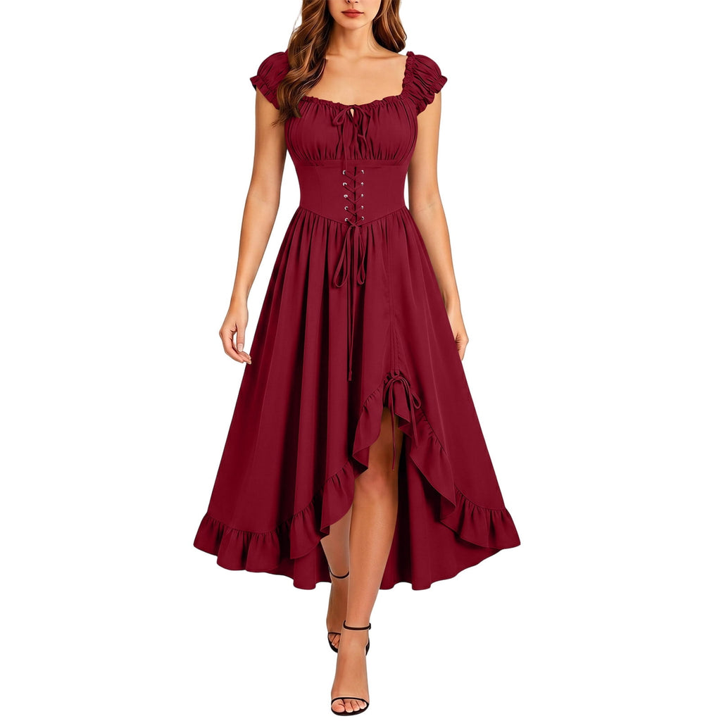 Gothic Dresses for Women Medieval Renaissance Halloween Costume Lace Up Corset High Low Ruffle Hem Square Neck Vintage Gown