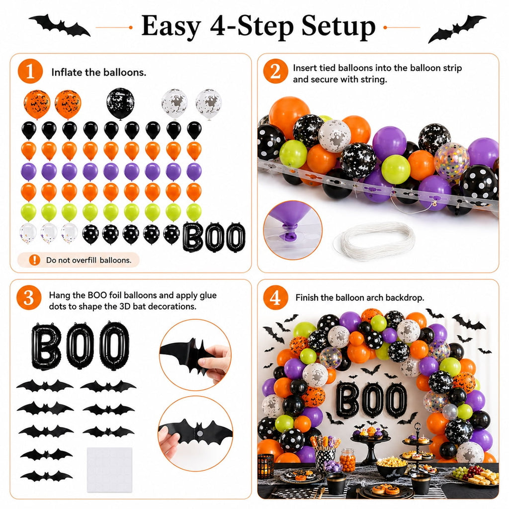 Halloween Balloons, Latex Arch Garland Kit With BOO Foil Confetti Balloons Bat Decoration Set for Halloween Party Decorations 92Pcs