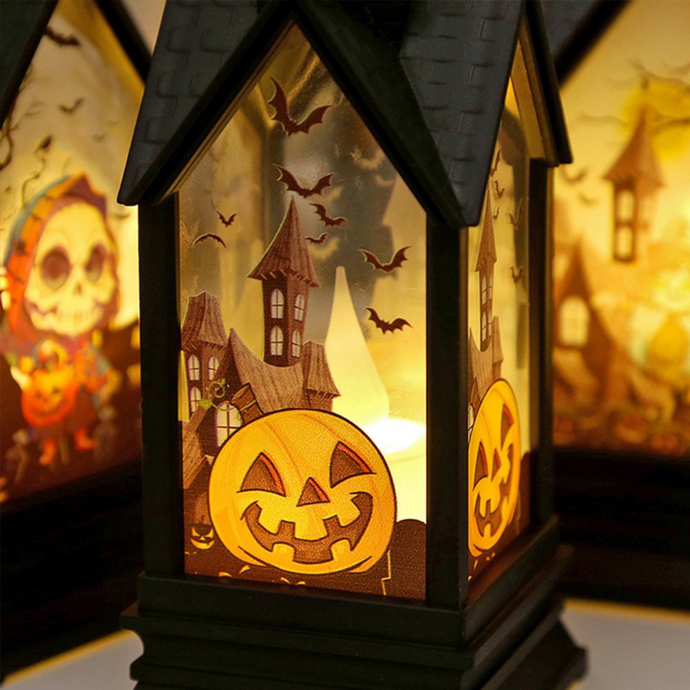 4 Pack Halloween Lanterns Portable Orange Candle LED Halloween Lamp Lights, Spooky Skeleton Owl Bat Castle Flame Lights Decorative Hanging Lanterns for Indoor Outdoor Home Party Porch House Bar