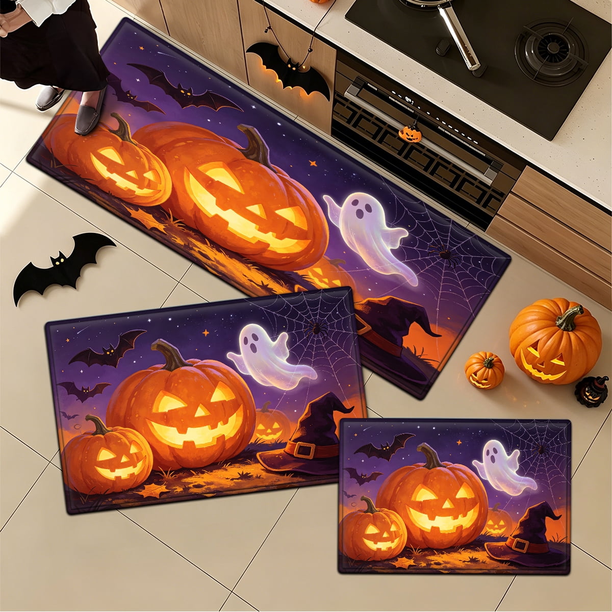 YIMEIS Halloween Pumpkin Lantern 3Pcs Flannel Mat & Kitchen Rugs Set,16''×24'' 20''×30'' 17''×47'' Inches,Soft Non-slip for Home Bathroom