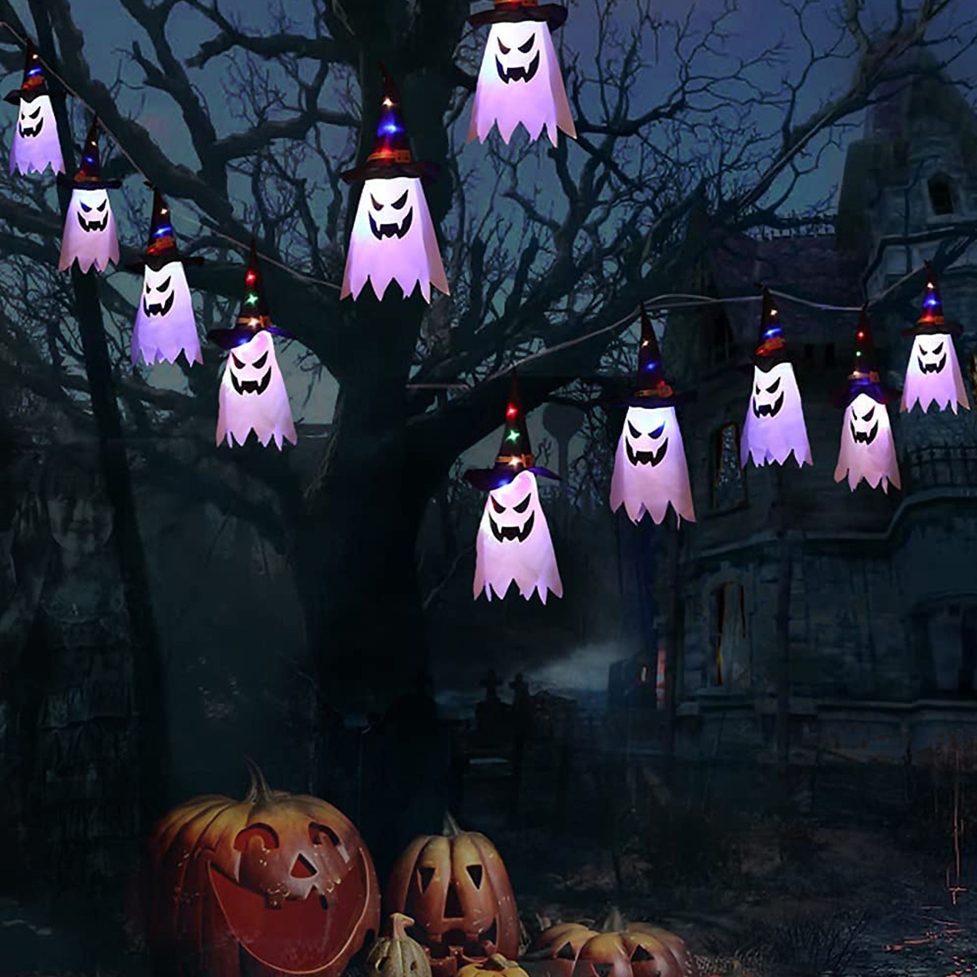 Deago Halloween Lights 9.8ft Battery Operated Ghost Witch Hat 5 LED String Lights Halloween Decoration for Indoor Outdoor Home Party Halloween Decor, White
