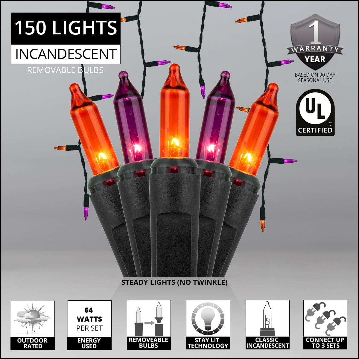 Kringle Traditions Halloween Purple Orange Outdoor Mini Icicle Light 150 Lights