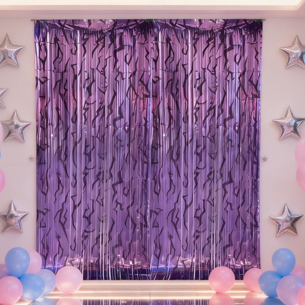 3PCS Foil Fringe Curtains Purple Gradient Holographic Backdrop with Demon Energy Pattern, 6.6ft Streamer Decorations for Birthday Graduation Bachelor Party