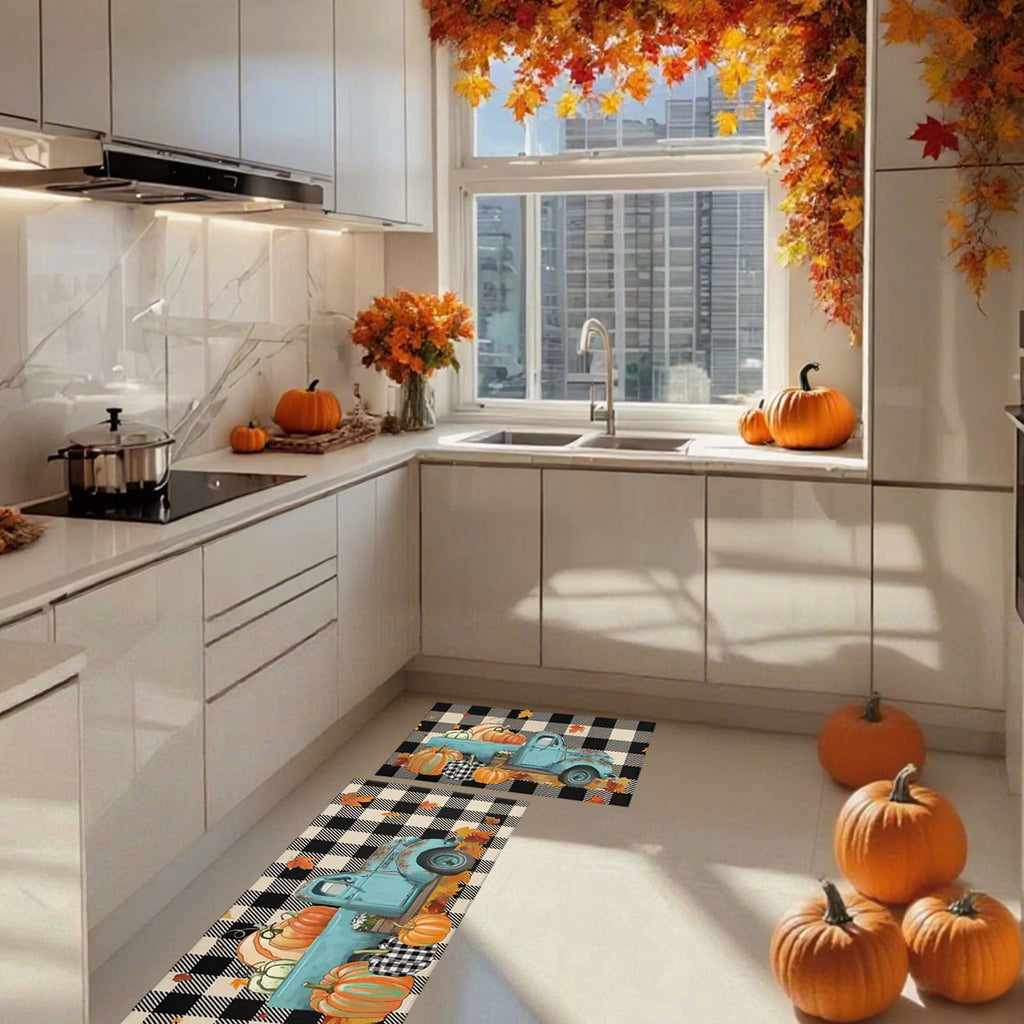 HOARBOEG Kitchen Floor Mat, Halloween Thanksgiving Fall Floor Mats 2-Piece Set - Non-Slip Pumpkin Maple Leaf Decor Rug for Bathroom Kitchen Porch Entrance, Holiday Home Decor