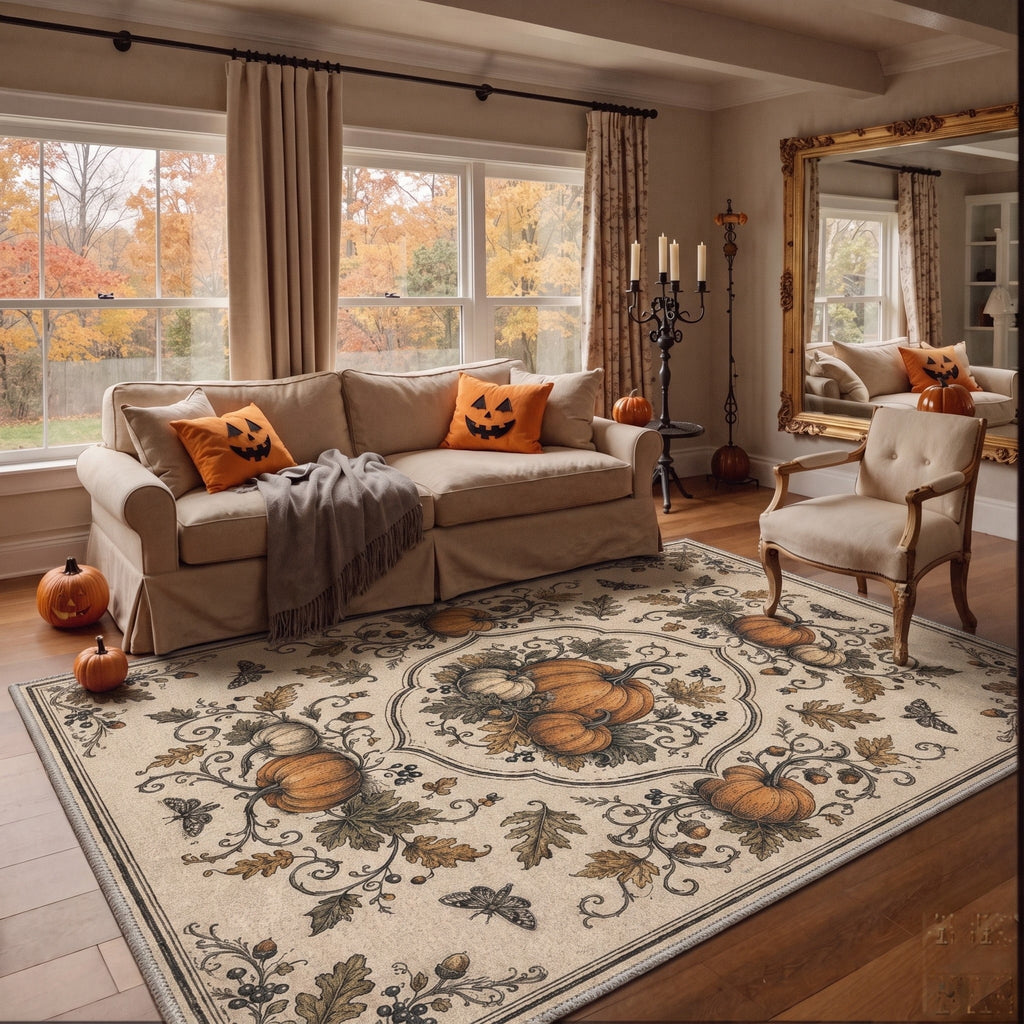 GENIMO 2'x7' Halloween Runner Rug, Washable Non Slip Soft Farmhouse Pumpkin Indoor Outdoor Hallway Runner for Porch Patio Kitchen Entryway, Vintage Sepia