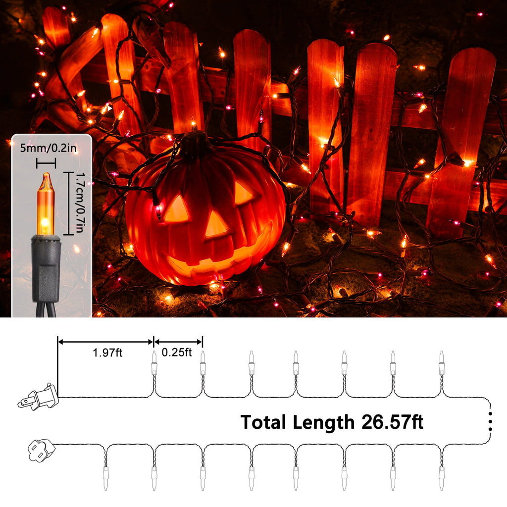 Toodour Orange & Purple Halloween Lights, 25ft 100 Count Incandescent Halloween String Lights, UL Certified Connectable Mini Bulbs Halloween Lights for Indoor, Outdoor, Garden, Porch, Halloween Decor