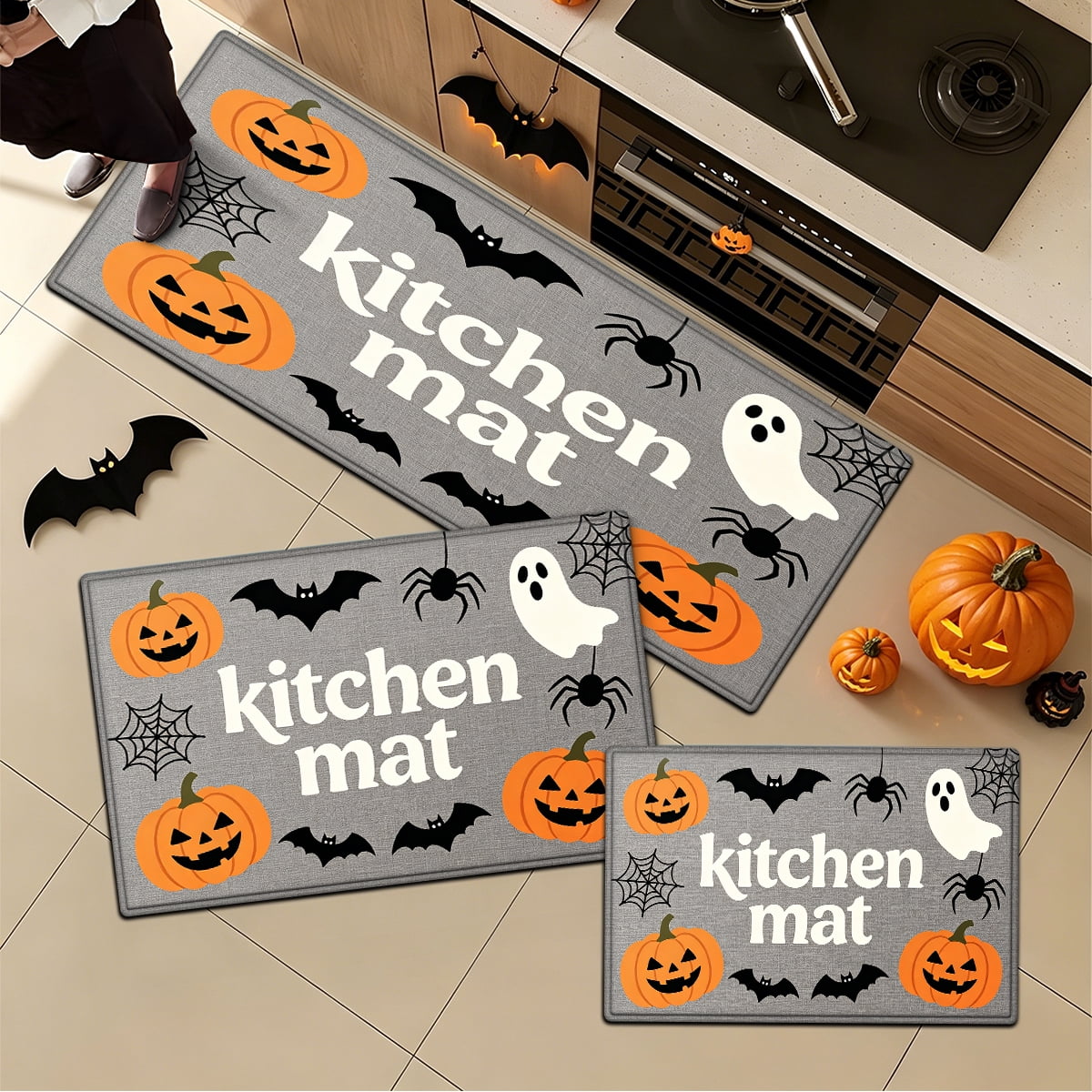 YIMEIS Halloween Pumpkin Lanterns 3Pcs Flannel Mat and Kitchen Rugs Set,Soft Non-slip,Perfect for Home Bathroom