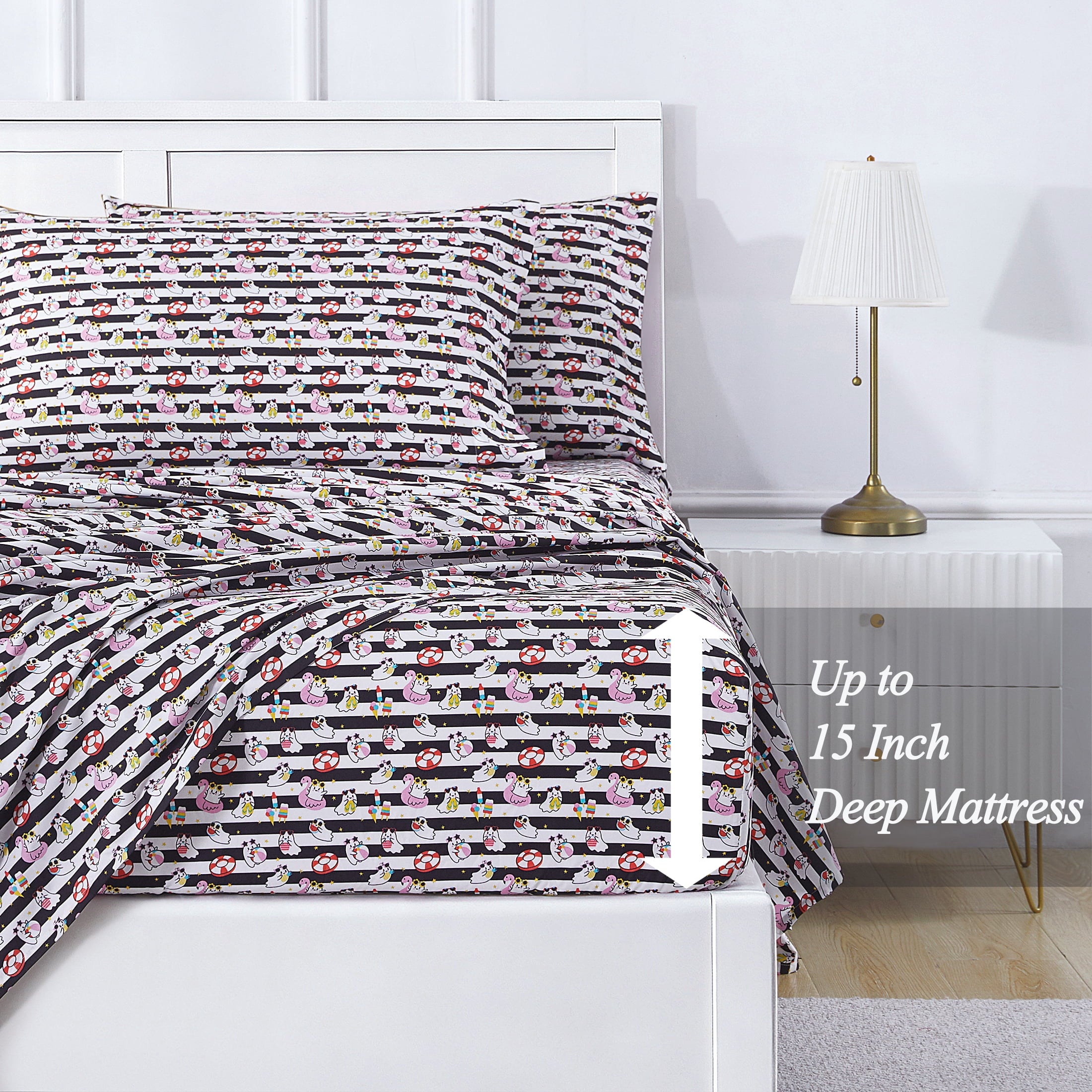 Summerween Crafted by Catherine Full 4-Piece Sheet Set, Black & White Nautical Ghosts