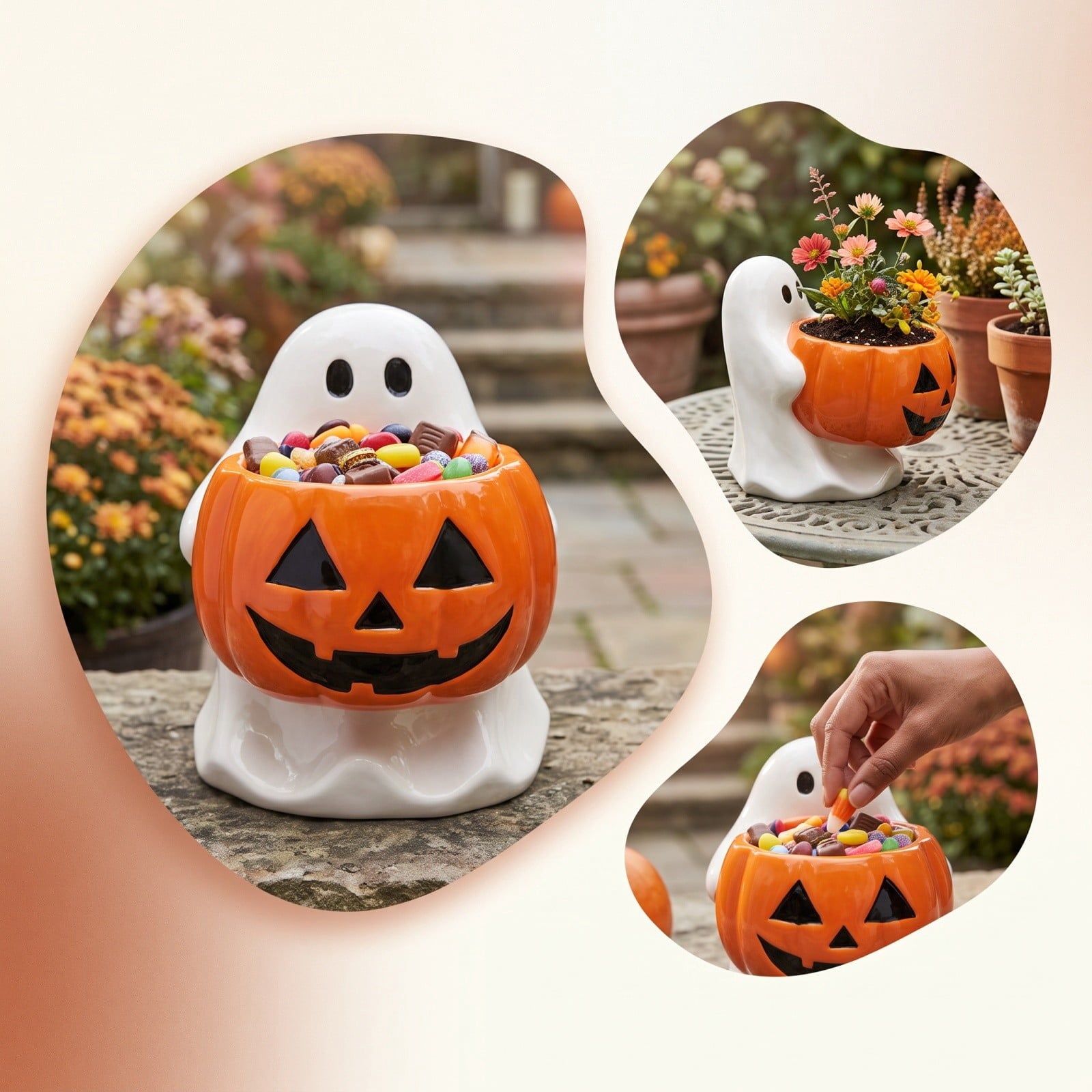 Diceymbol Halloween Pumpkin Snack Bowl Stand Collapsible Broomstick Candy Tray for Cupcakes & Desserts, Resin Serving Platter with Ceramic Pumpkin Bowls