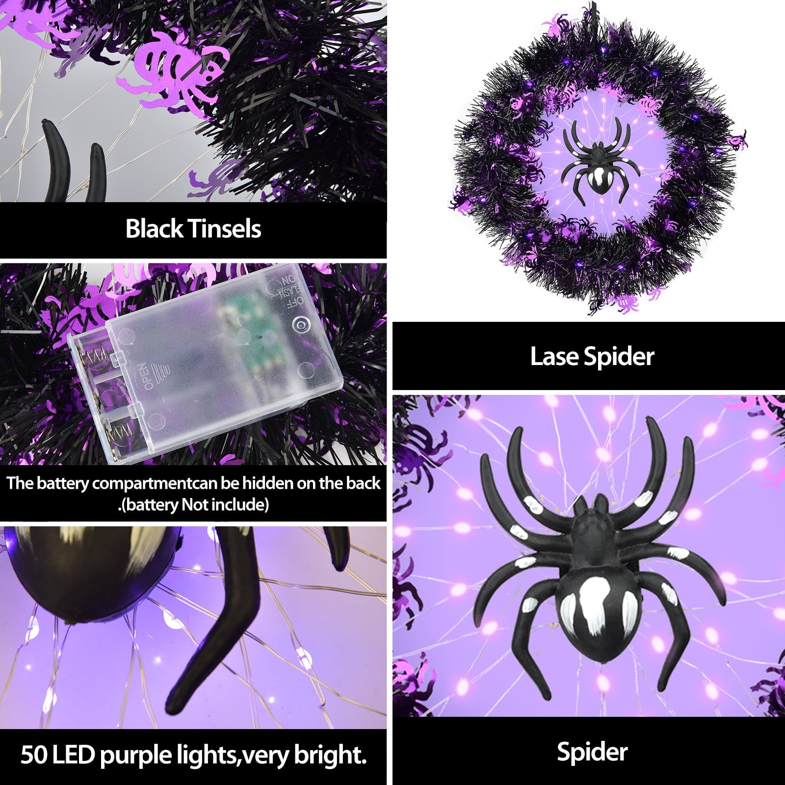 Halloween Wreath Halloween Spider Decorations Wreath with Lights, Halloween Spider Garland LED Halloween Door Wreath for Halloween Party, Halloween Decorations Outdoor Indoor Wall and Window