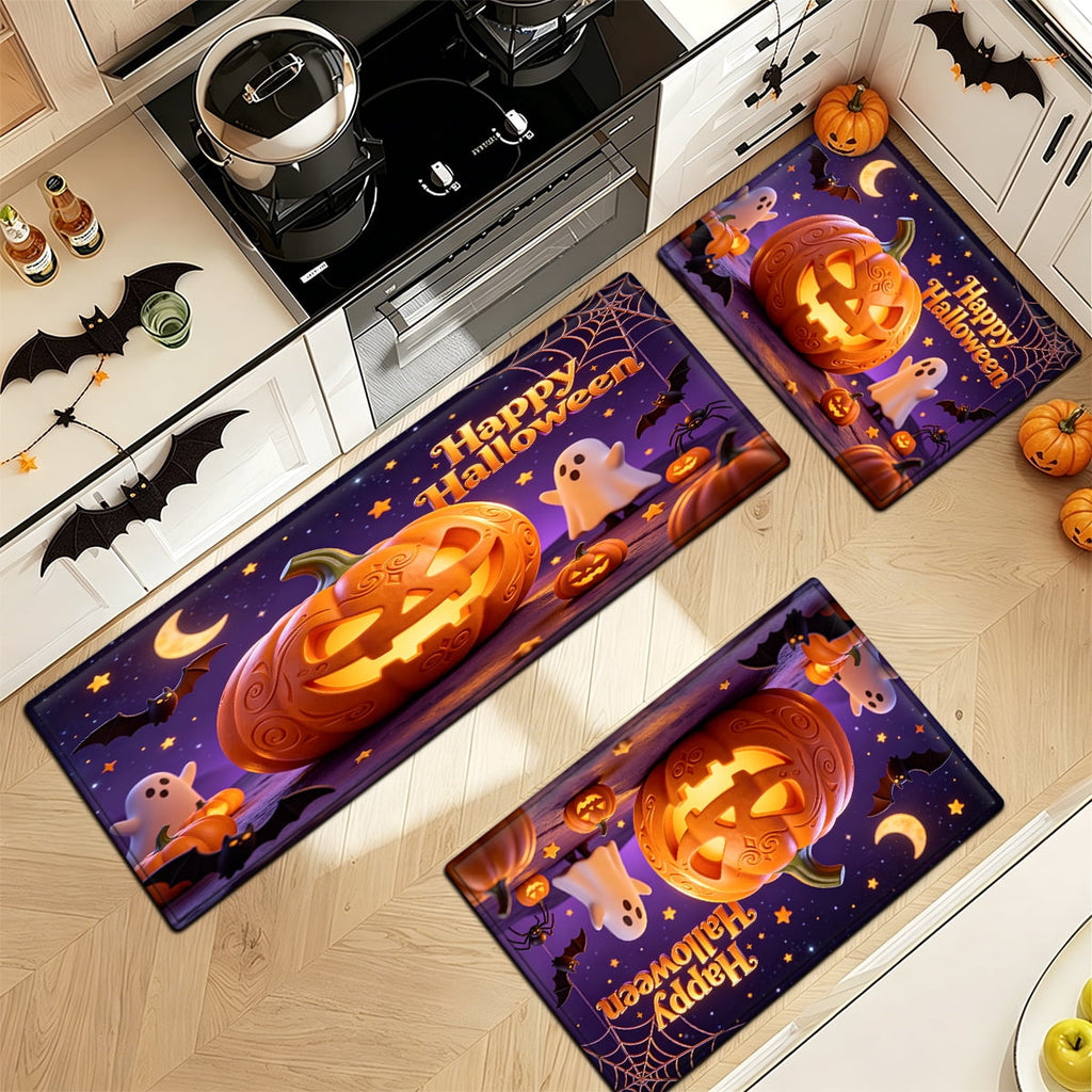 YIMEIS Halloween Pumpkin Lantern 3Pcs Flannel Mat & Kitchen Rugs Set,16''×24'' 20''×30'' 17''×47'' Inches,Soft Non-slip for Home Bathroom