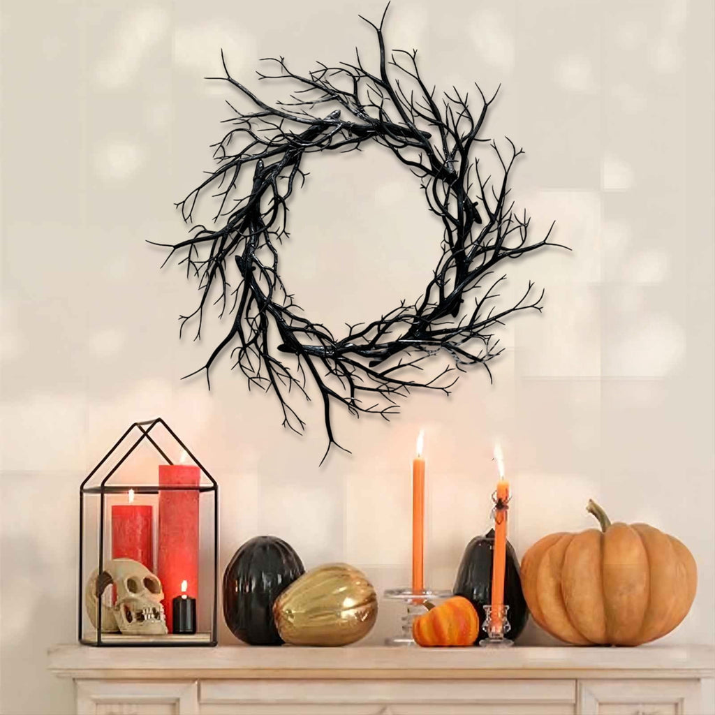 Boovnll Halloween Wreath, 18" Horror & Novelty Handmade Black Twig Glitter Bats Halloween Wreaths for Front Door Fireplace Wall Porch Party Decor, Halloween Decorations