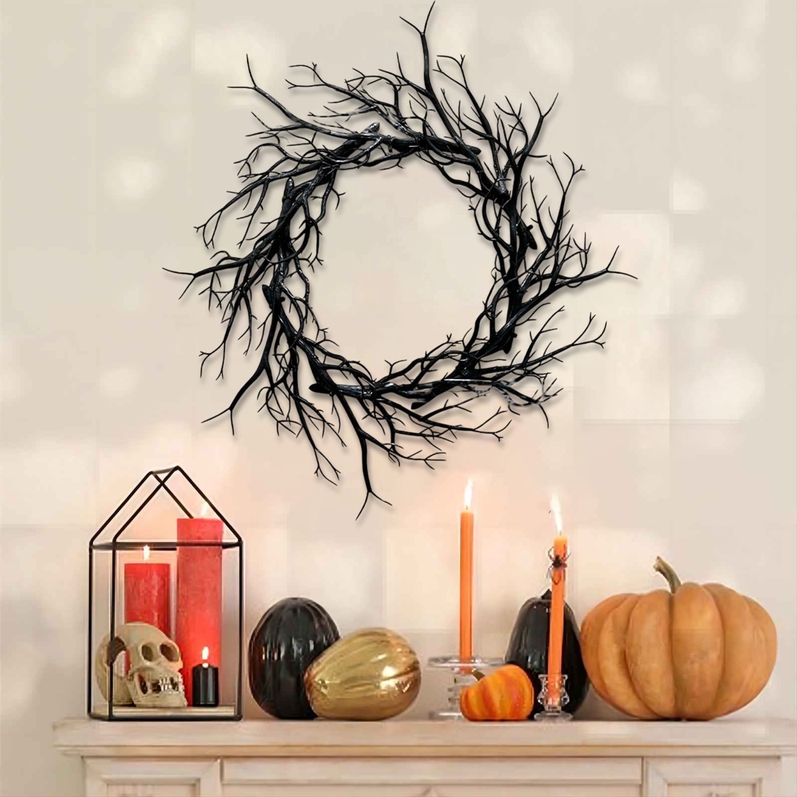 Boovnll Halloween Wreath, 18" Horror & Novelty Handmade Black Twig Glitter Bats Halloween Wreaths for Front Door Fireplace Wall Porch Party Decor, Halloween Decorations