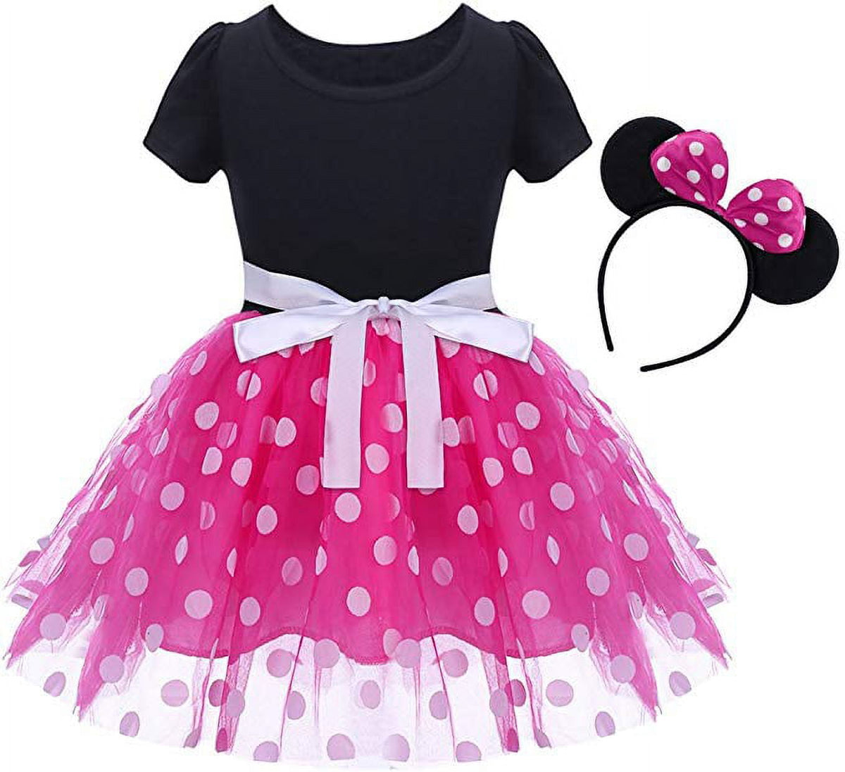 KAWELL Mini Costume for Girls with Mouse Ear Headband, Polka Dot Dress, Child/Toddler, 4-5Y