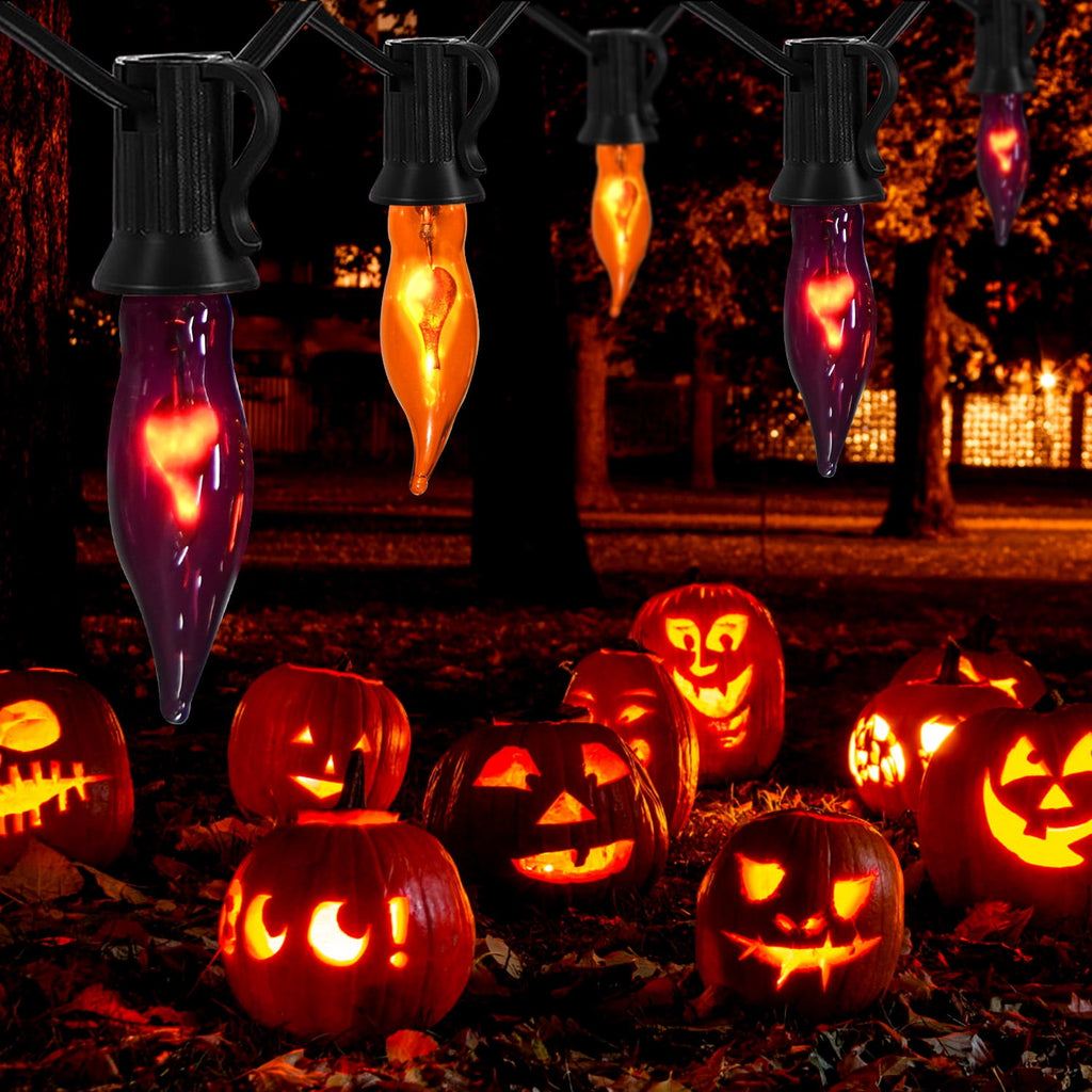 Halloween Lights Flickering Flame String Lights with 12 Pack C7 Orange Flame Light Bulbs (2 Spare), 12.8Ft Orange Flame String Lights for Indoor Outdoor Home Party Yard Halloween Decorations