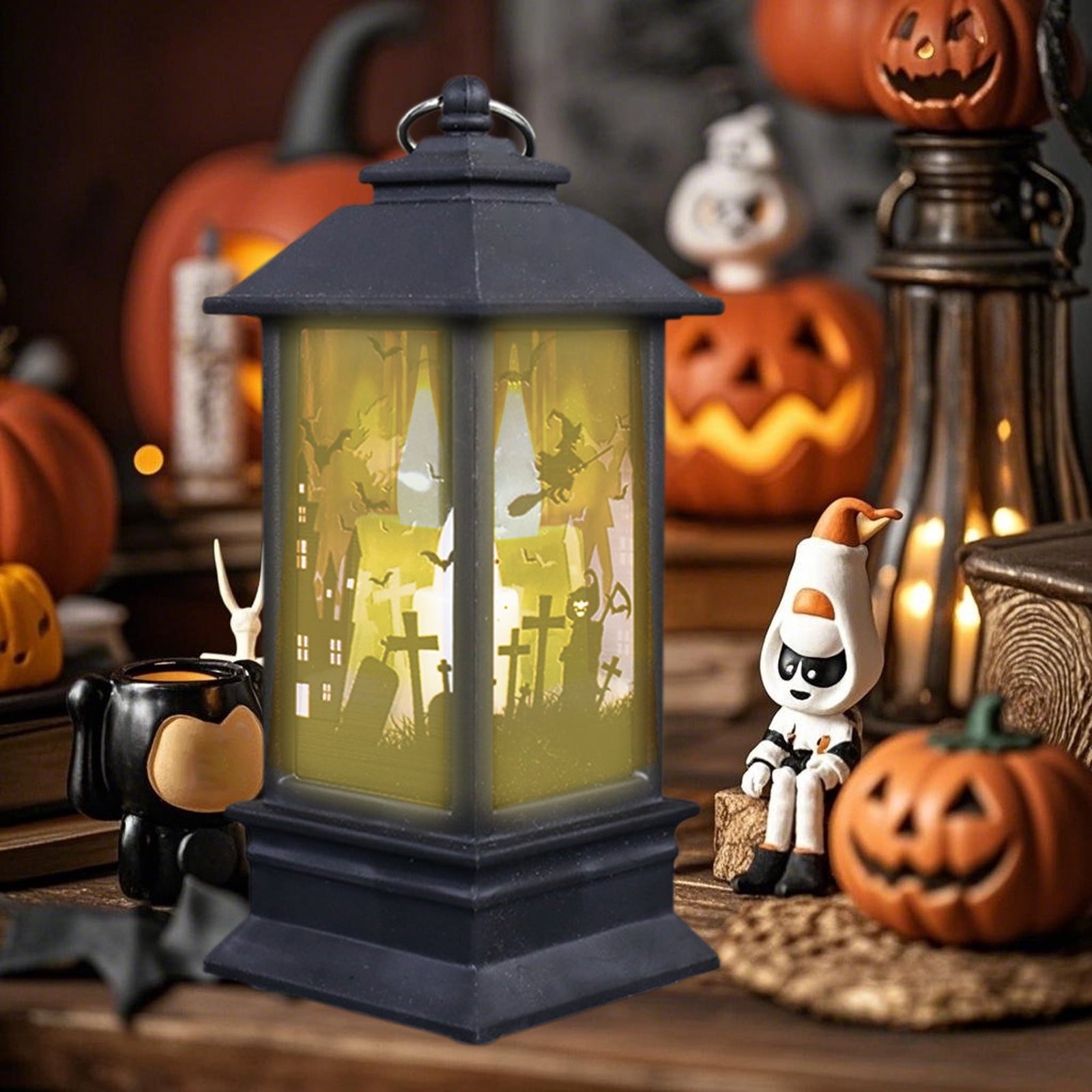 Black Halloween Mini LED Lantern Table Centerpiece 5.1 Inch for Indoor Decor, 2 Inch, 5 cm
