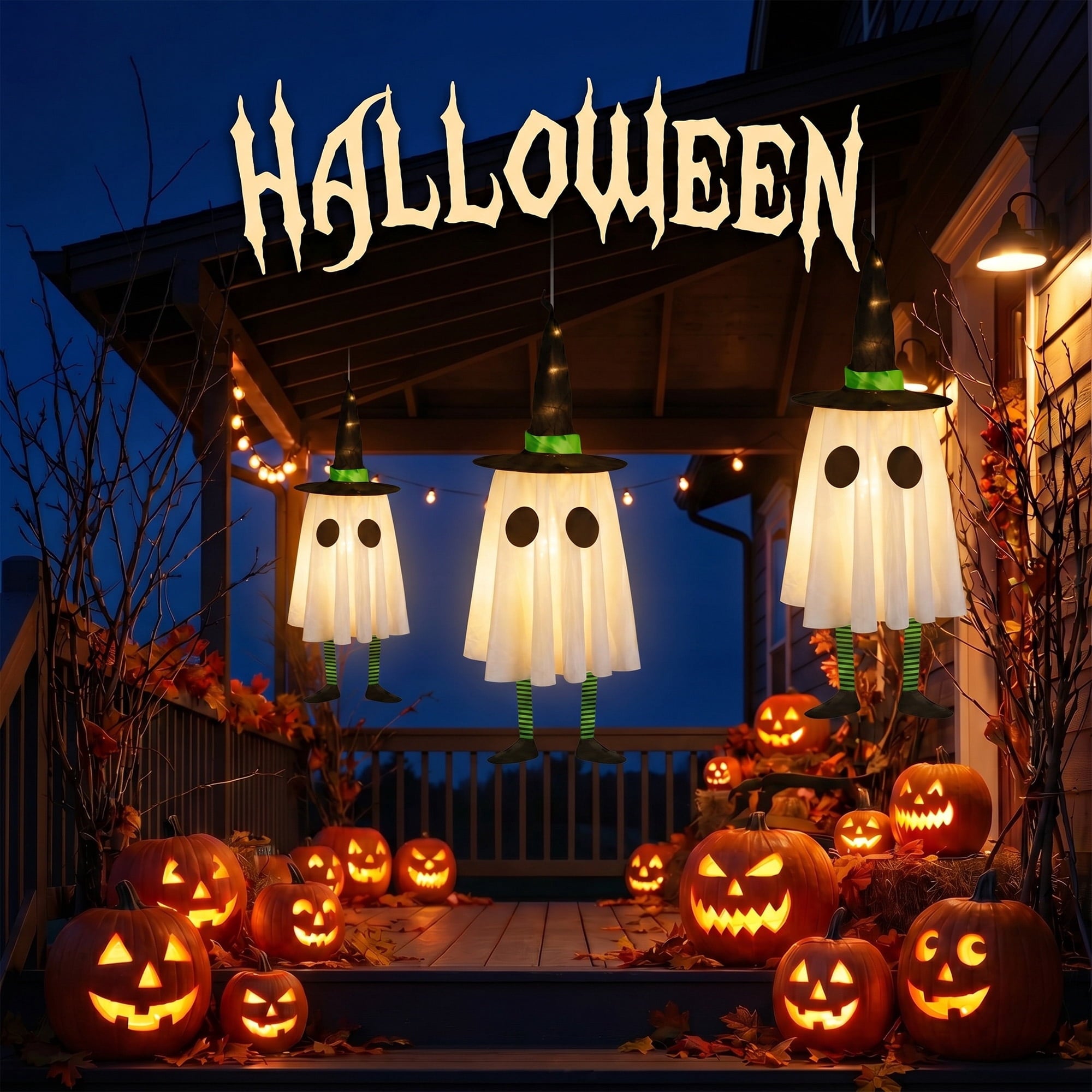DAYBETTER 3 Pack Halloween Hanging Ghosts Light Up Decor, LED Ghost with Witch Hat Cute Lighted Ornaments for Indoor Outdoor Yard Patio Porch Tree Spooky Decor Gifts