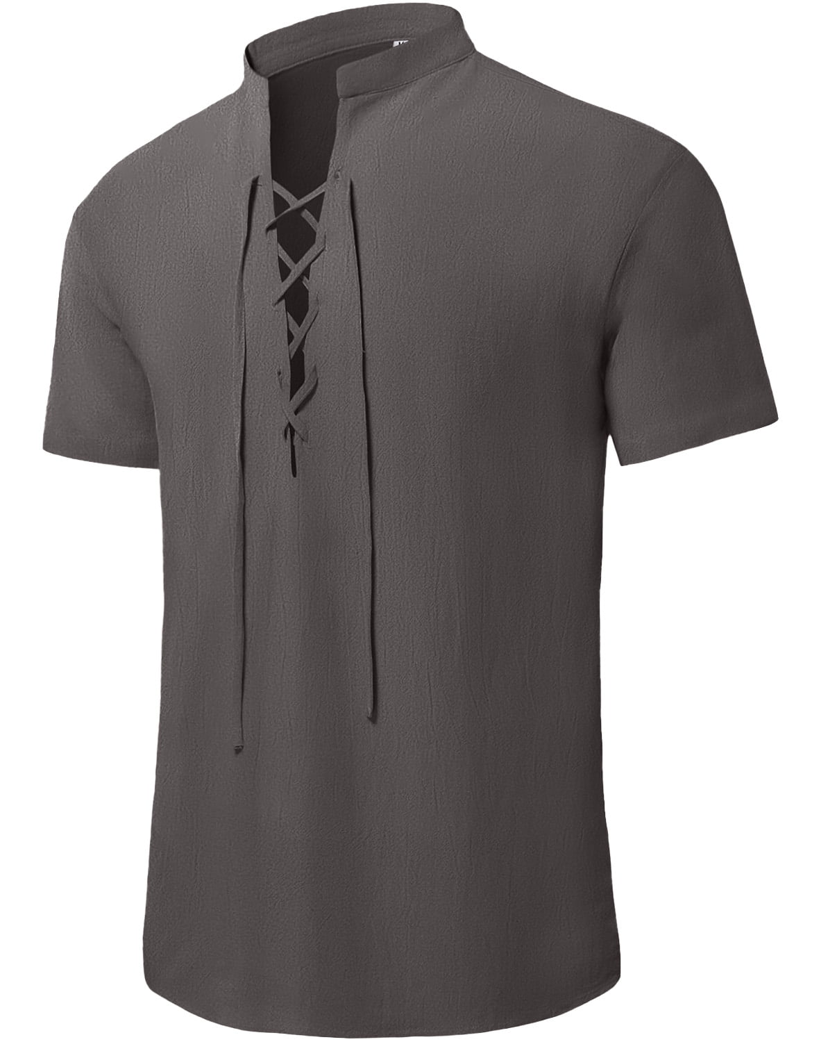 HAOMEILI Men's Cotton Linen Lace-Up V-Neck Short Sleeve Shirt
