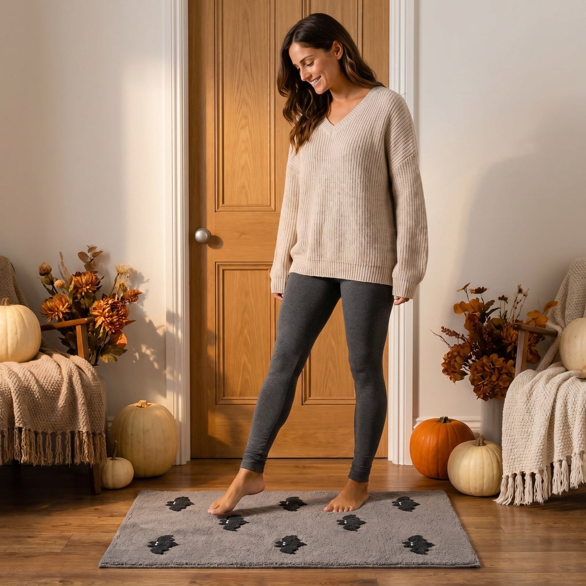 OutmaxHome Halloween Theme Cute Ghost Print Doormat, 15.8x23.6 Inch Non-Slip Absorbent Mat, Easy to Clean, for Front Door, Porch, Farmhouse