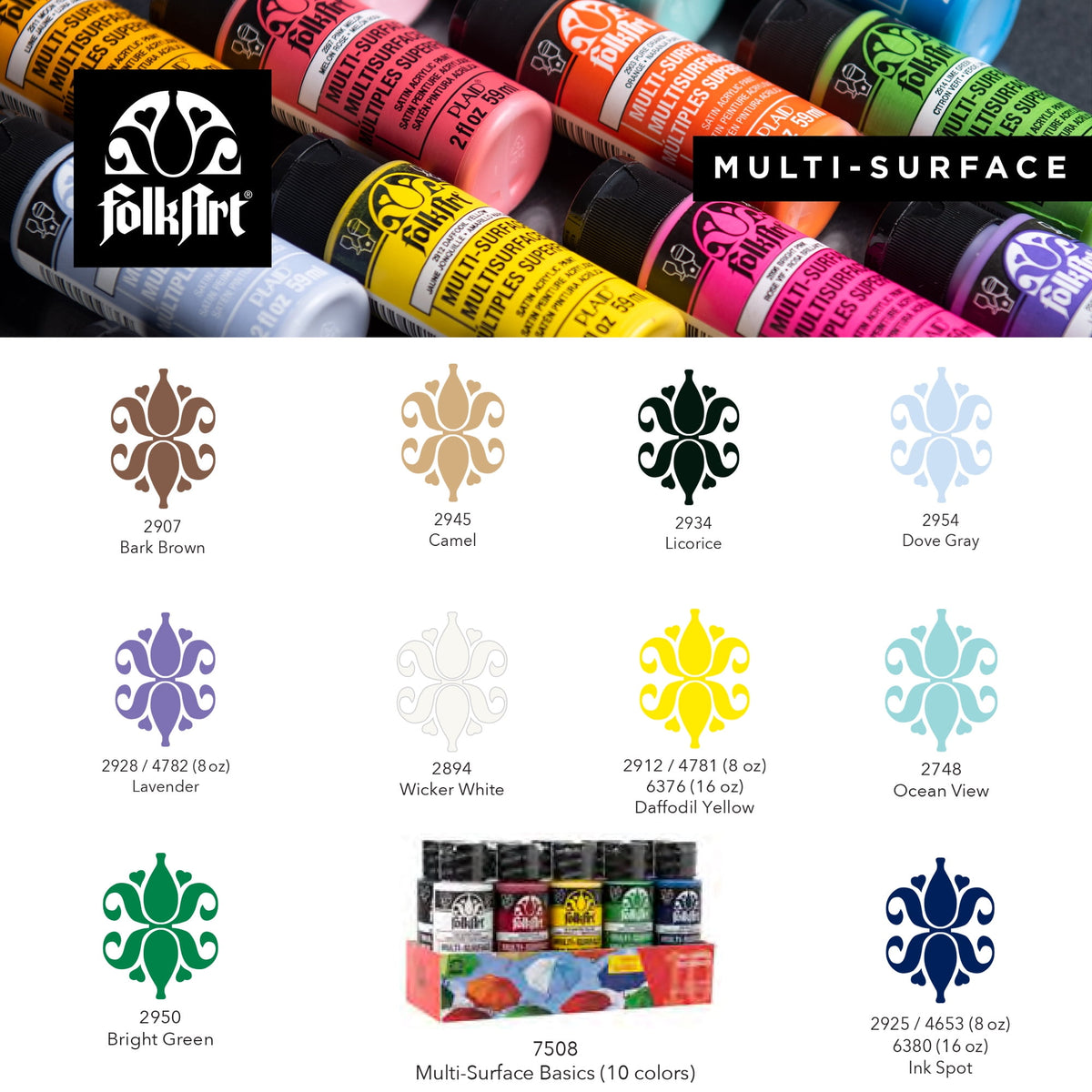 FolkArt 7508E Multi-Surface Acrylic Craft Paint Set, Satin Finish, Basics, Set of 10, 30 fl oz